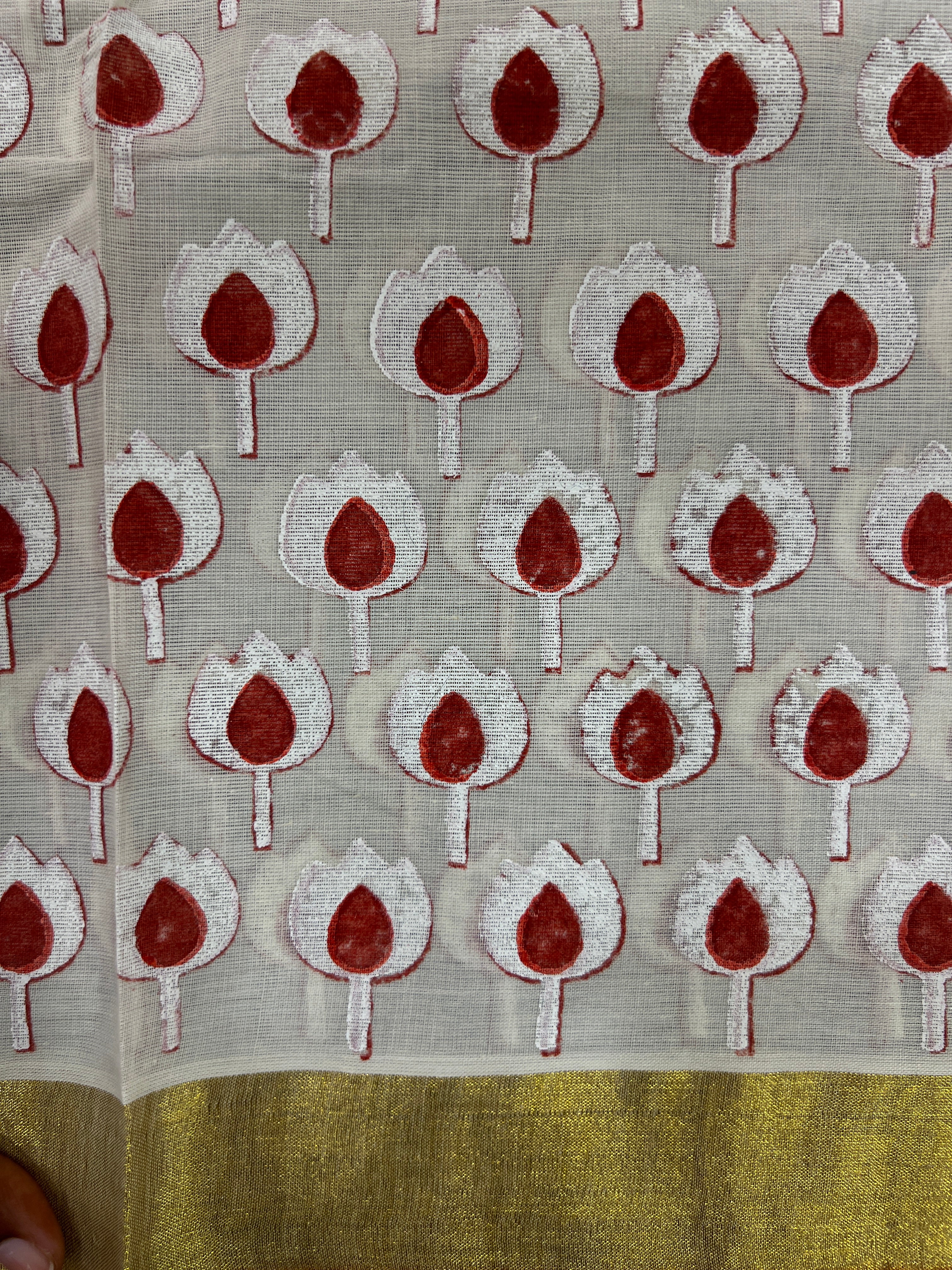 Floral Pattern Block Printed Kerala Cotton Saree | JSC721