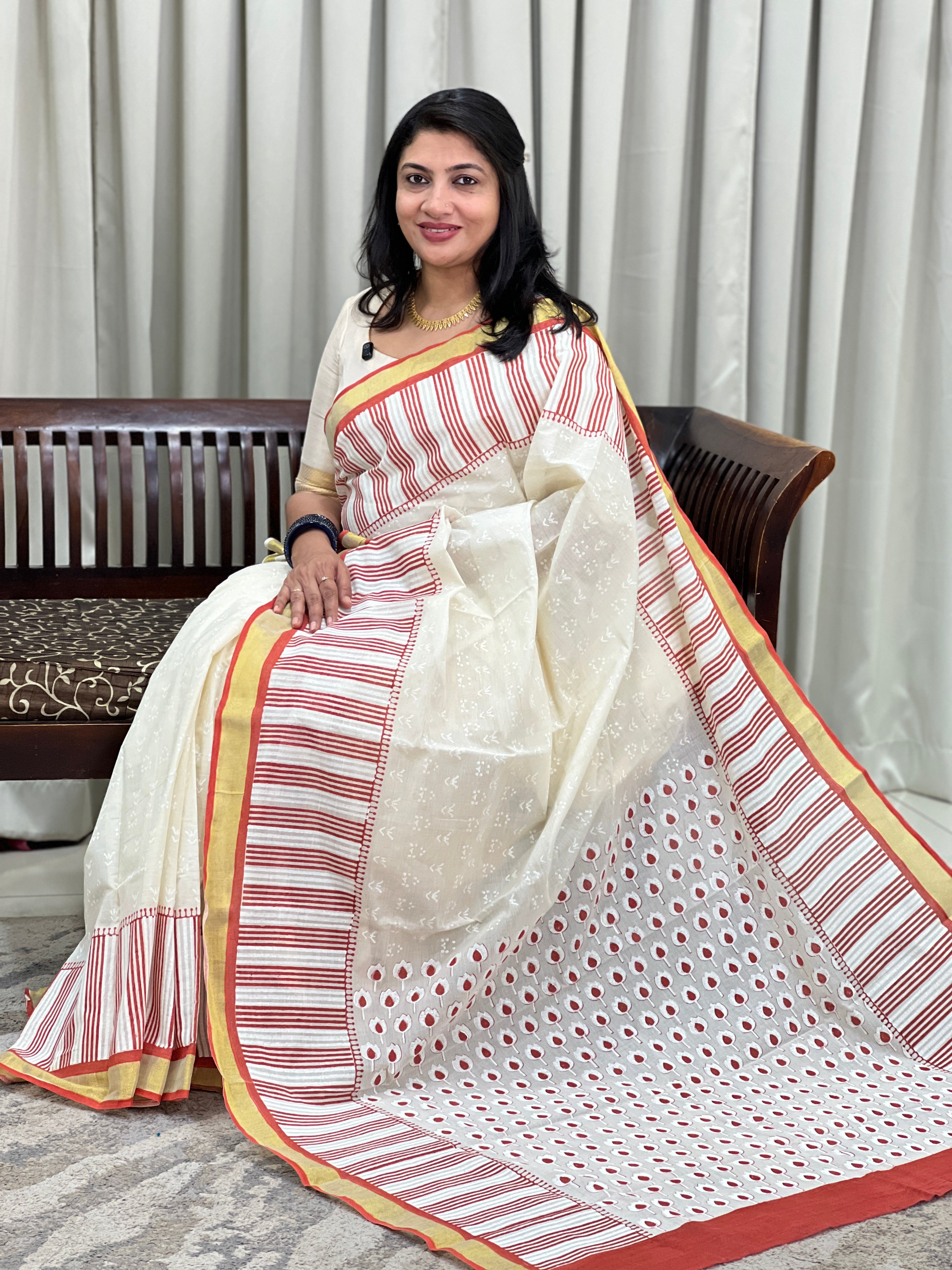 Floral Pattern Block Printed Kerala Cotton Saree | JSC721