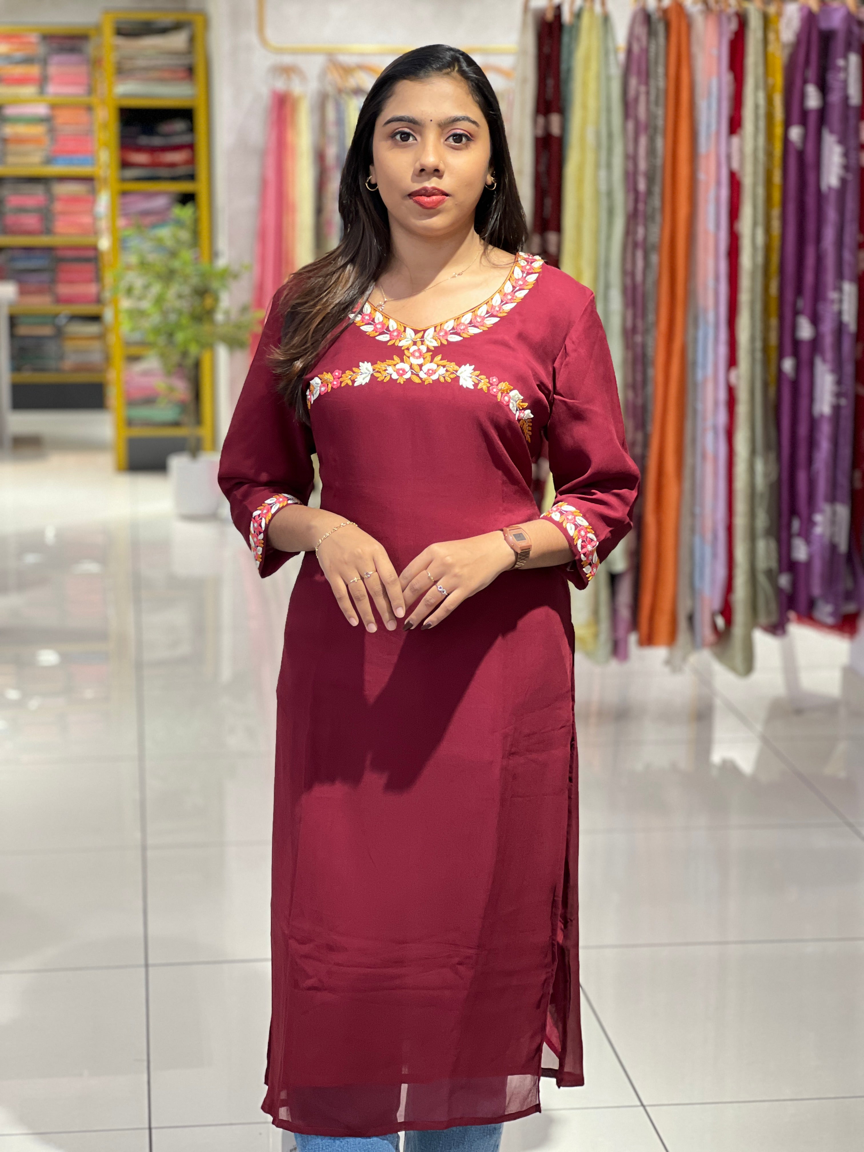 Floral Embroidery Detailed Georgette Kurta | DNT167