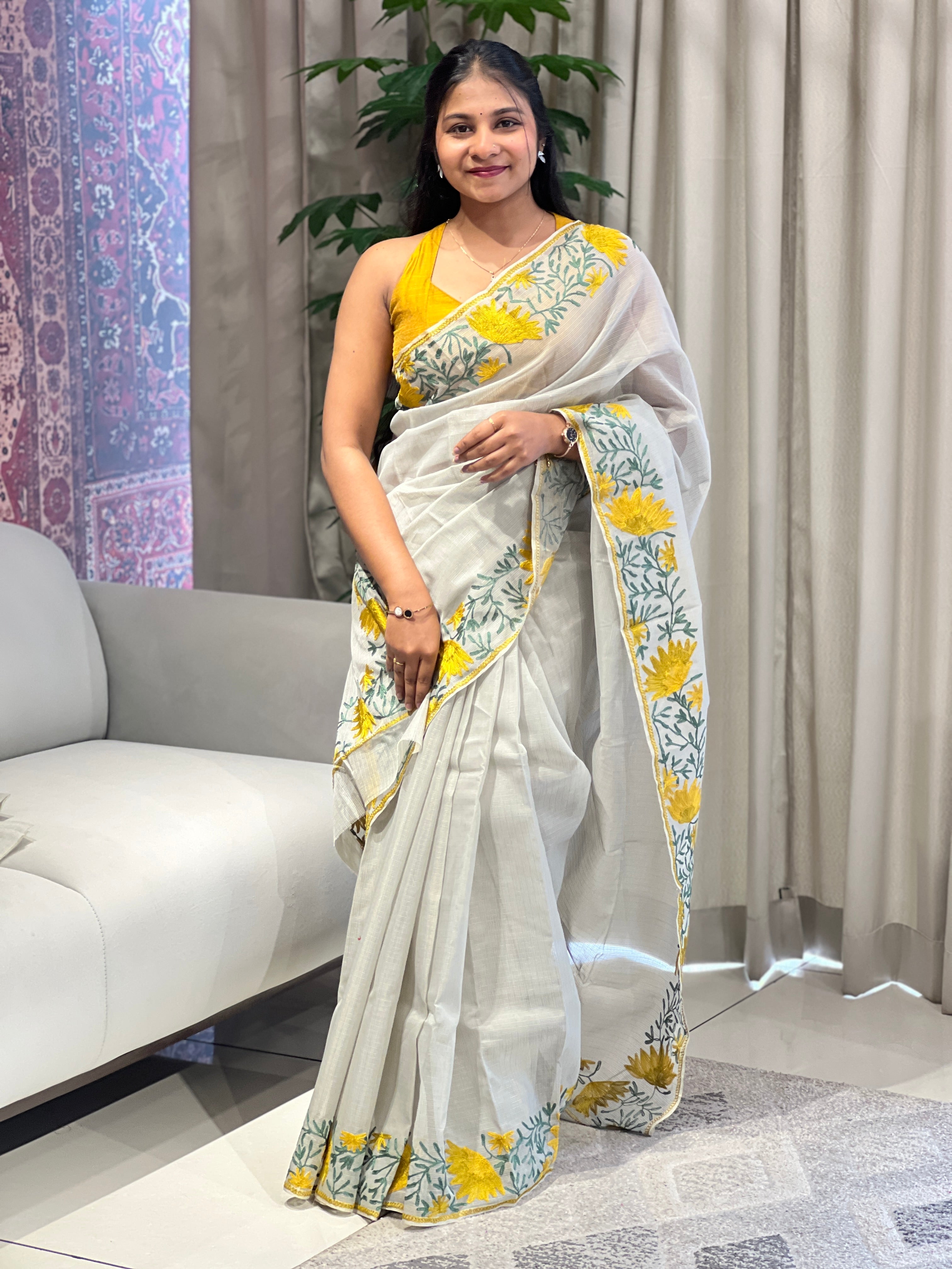 Floral Embroidery Detailed Muga Check Organza Saree | JSC495