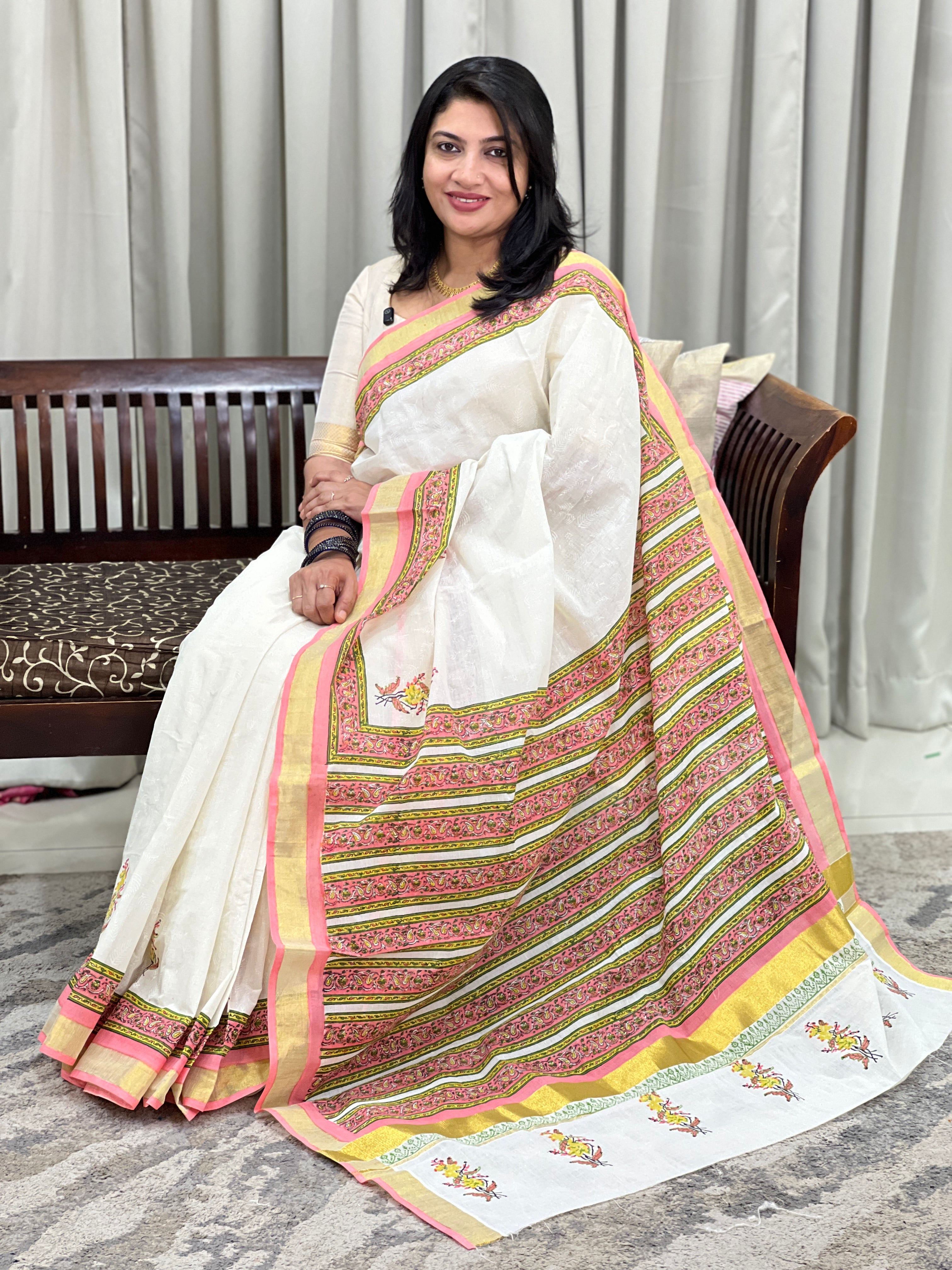 Block Printed Kerala Cotton Saree | JSC716