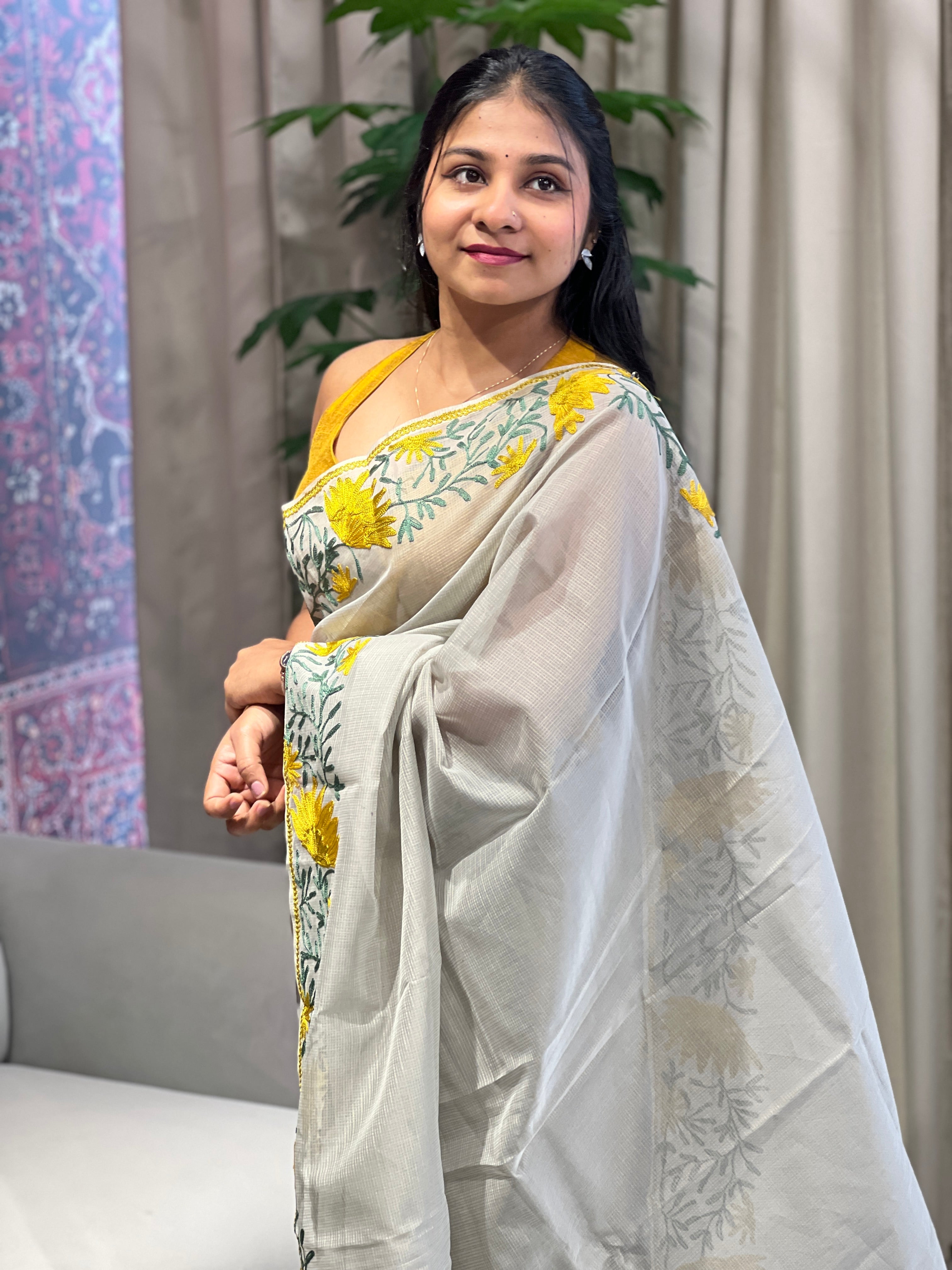 Floral Embroidery Detailed Muga Check Organza Saree | JSC495