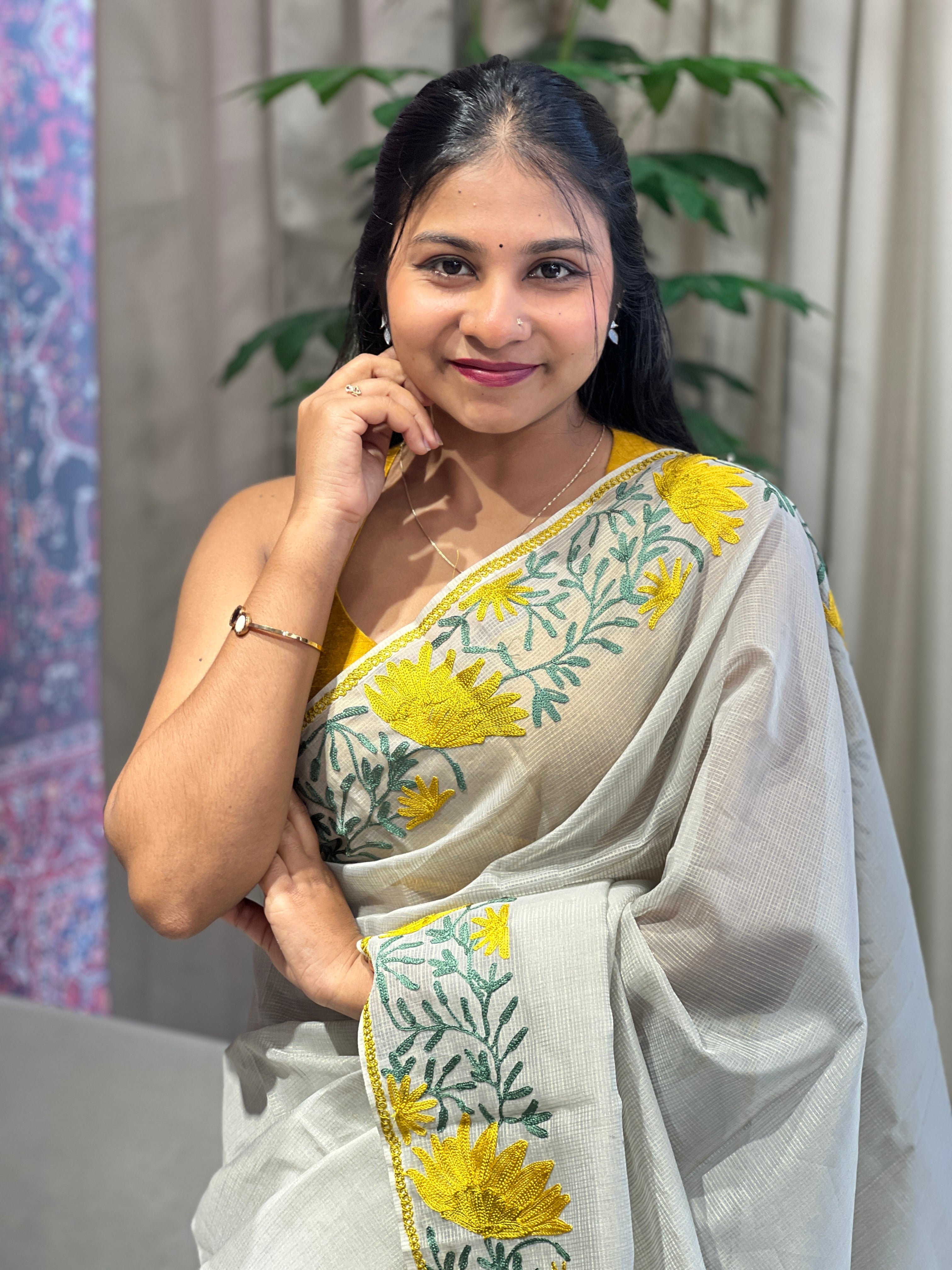 Floral Embroidery Detailed Muga Check Organza Saree | JSC495