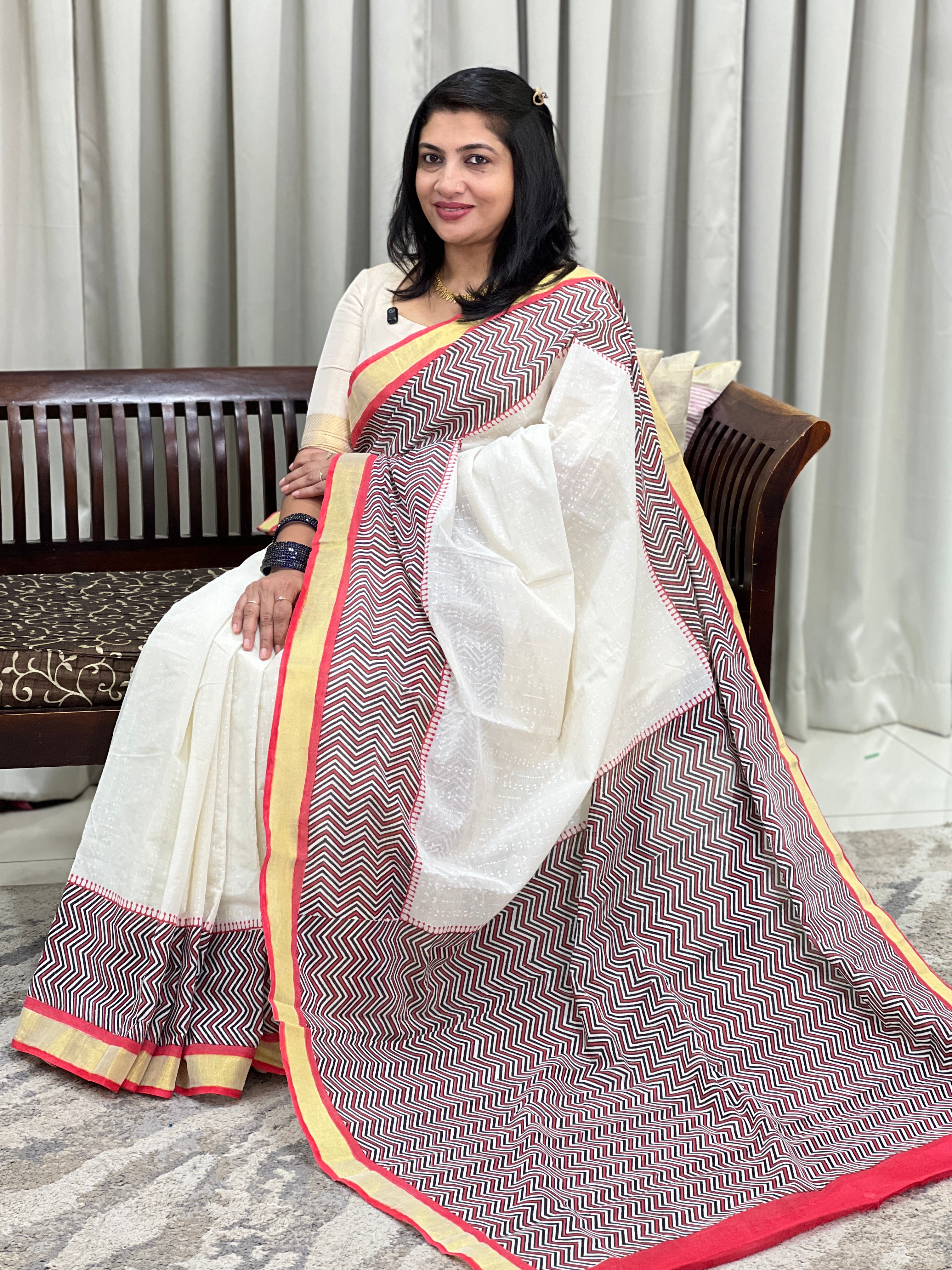 Zig Zag Pattern Block Printed Kerala Cotton Saree | JSC731