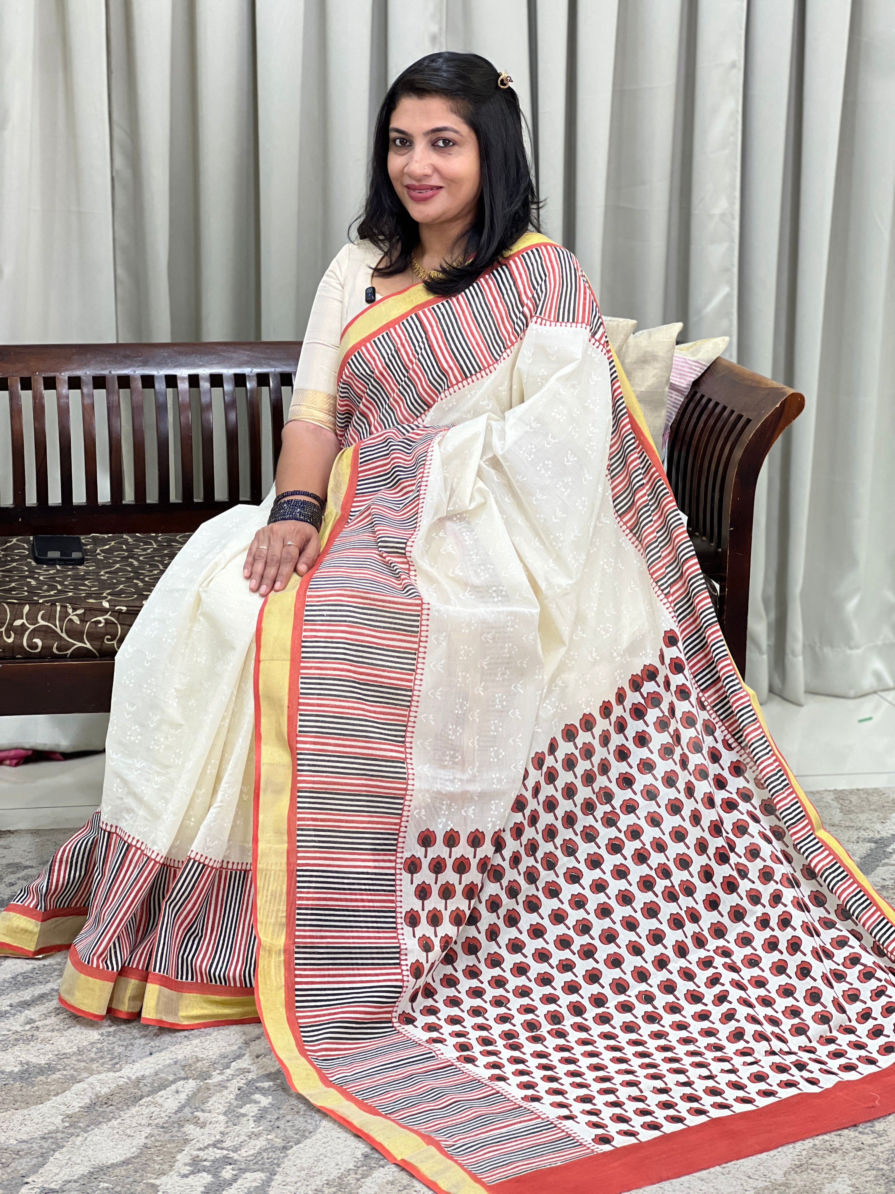 Floral Pattern Block Printed Kerala Cotton Saree | JSC721