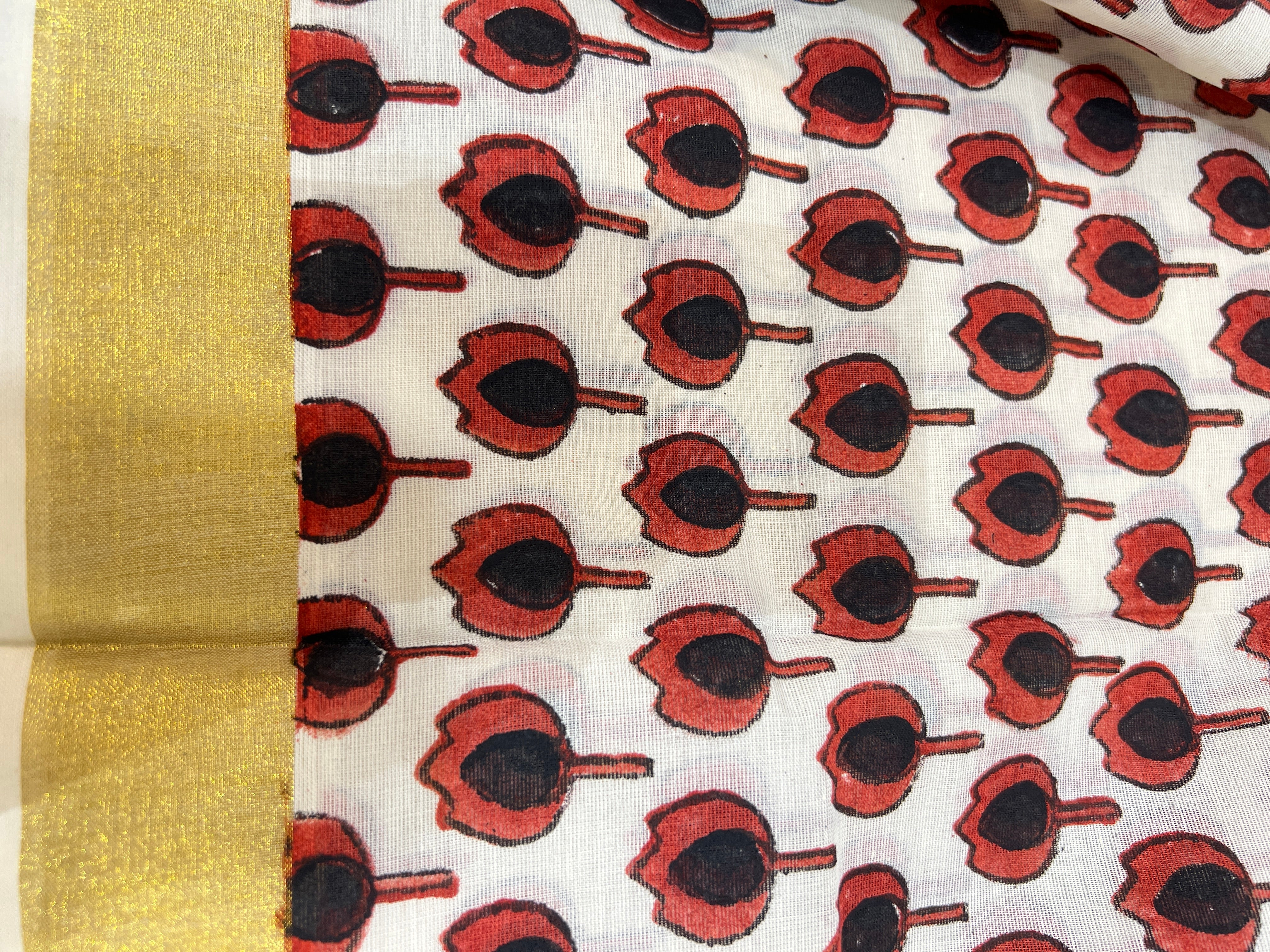 Floral Pattern Block Printed Kerala Cotton Saree | JSC721