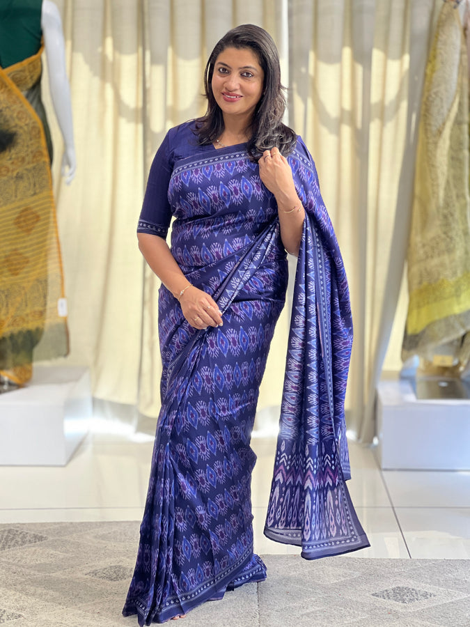 Ikat Patterned Digital Print Detailed Semi Silk Saree | SSN351