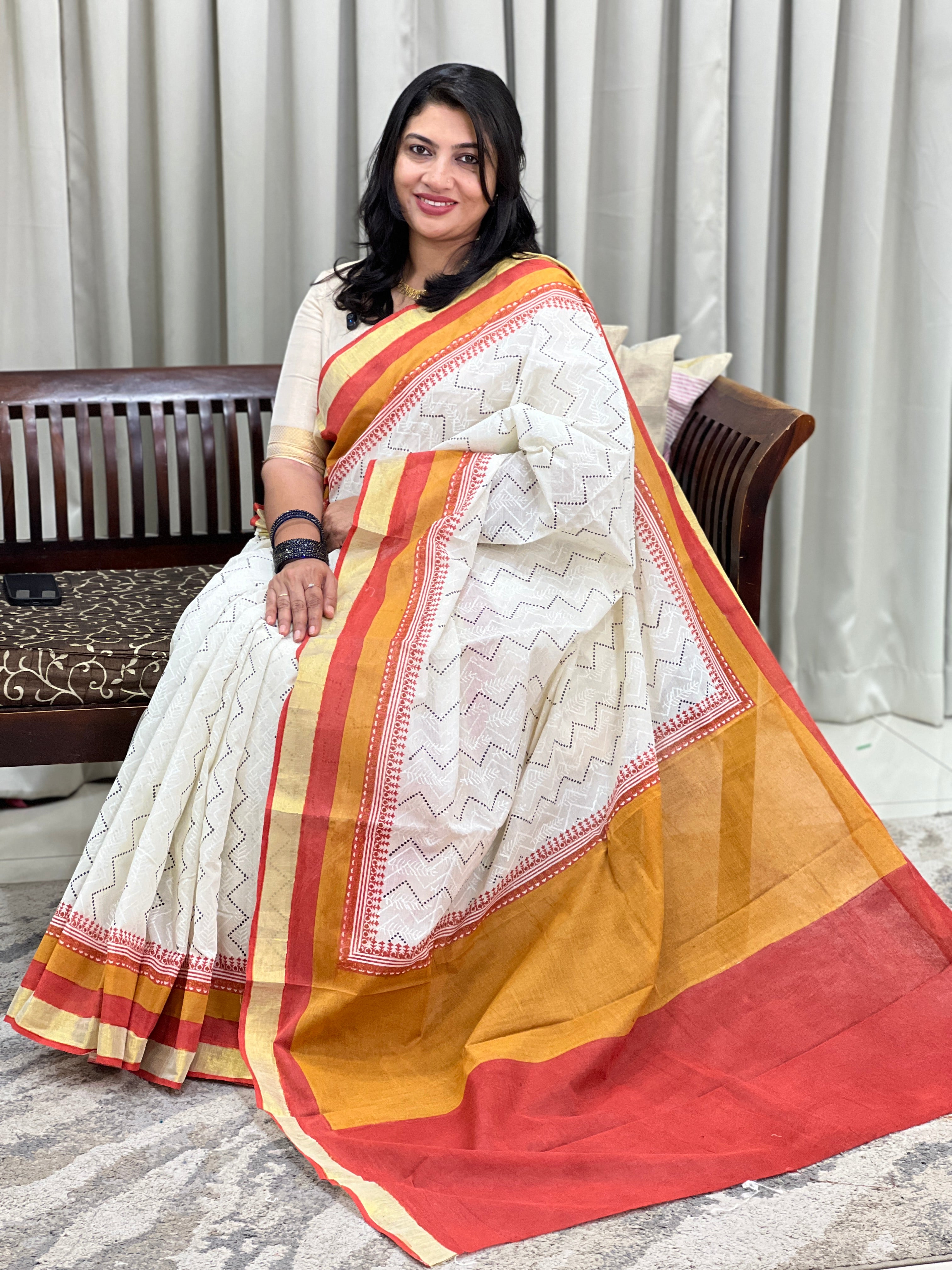 Zig Zag Pattern Kerala Cotton Saree | JSC715