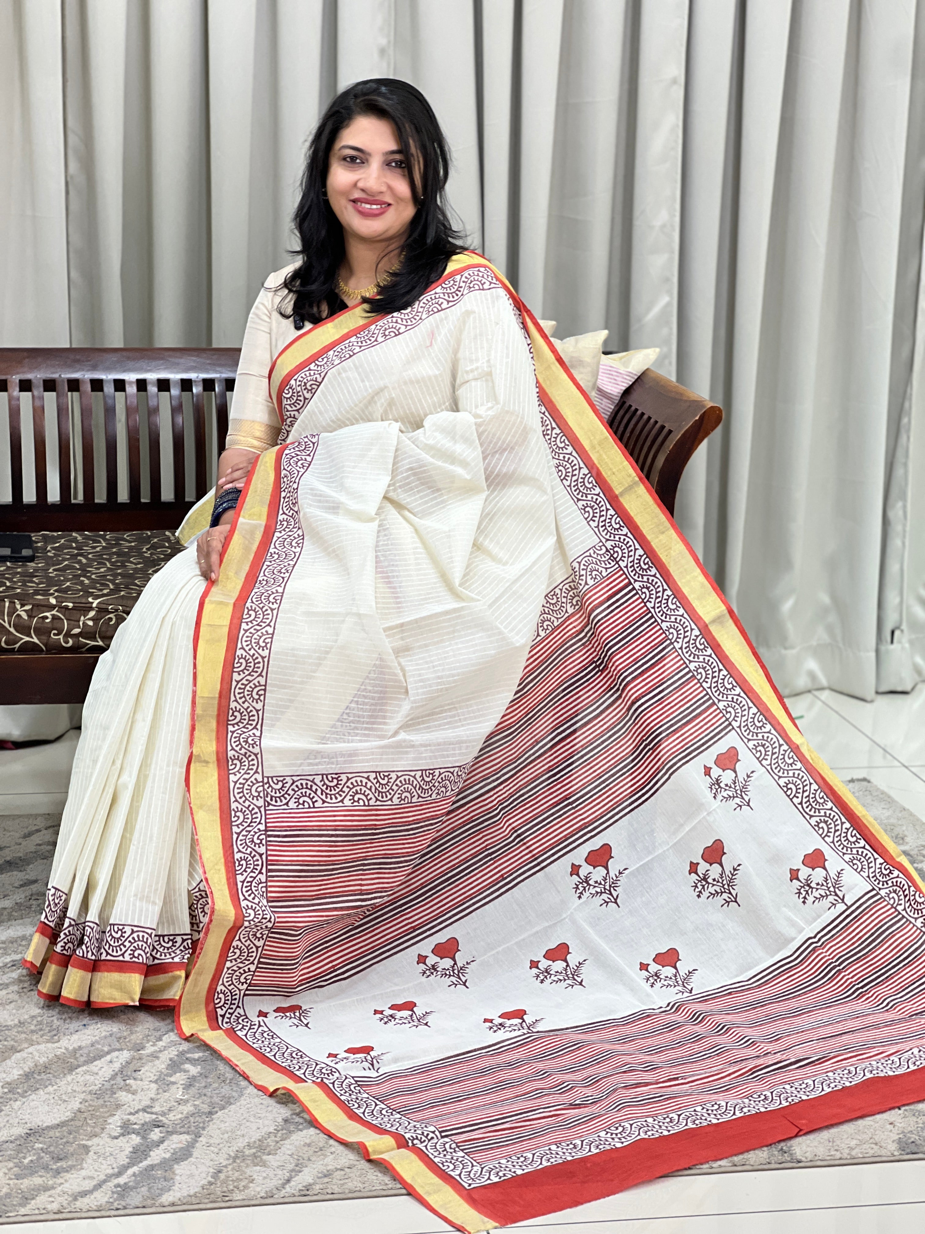 Line Woven Block Printed Kerala Cotton Saree | JSC729