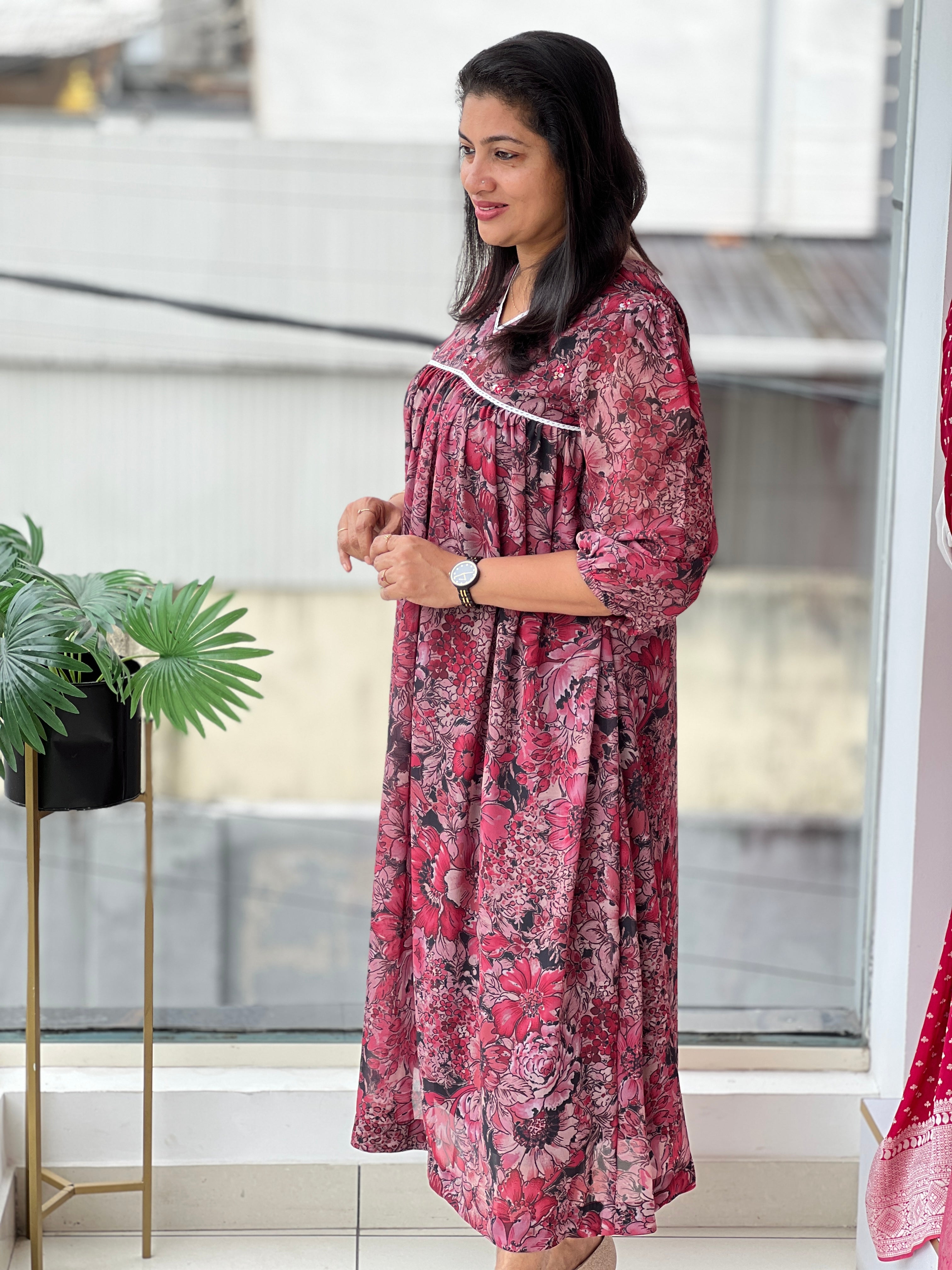 Floral Print With Hand Embroidery Detailed Organza Crepe Kurta | DN790