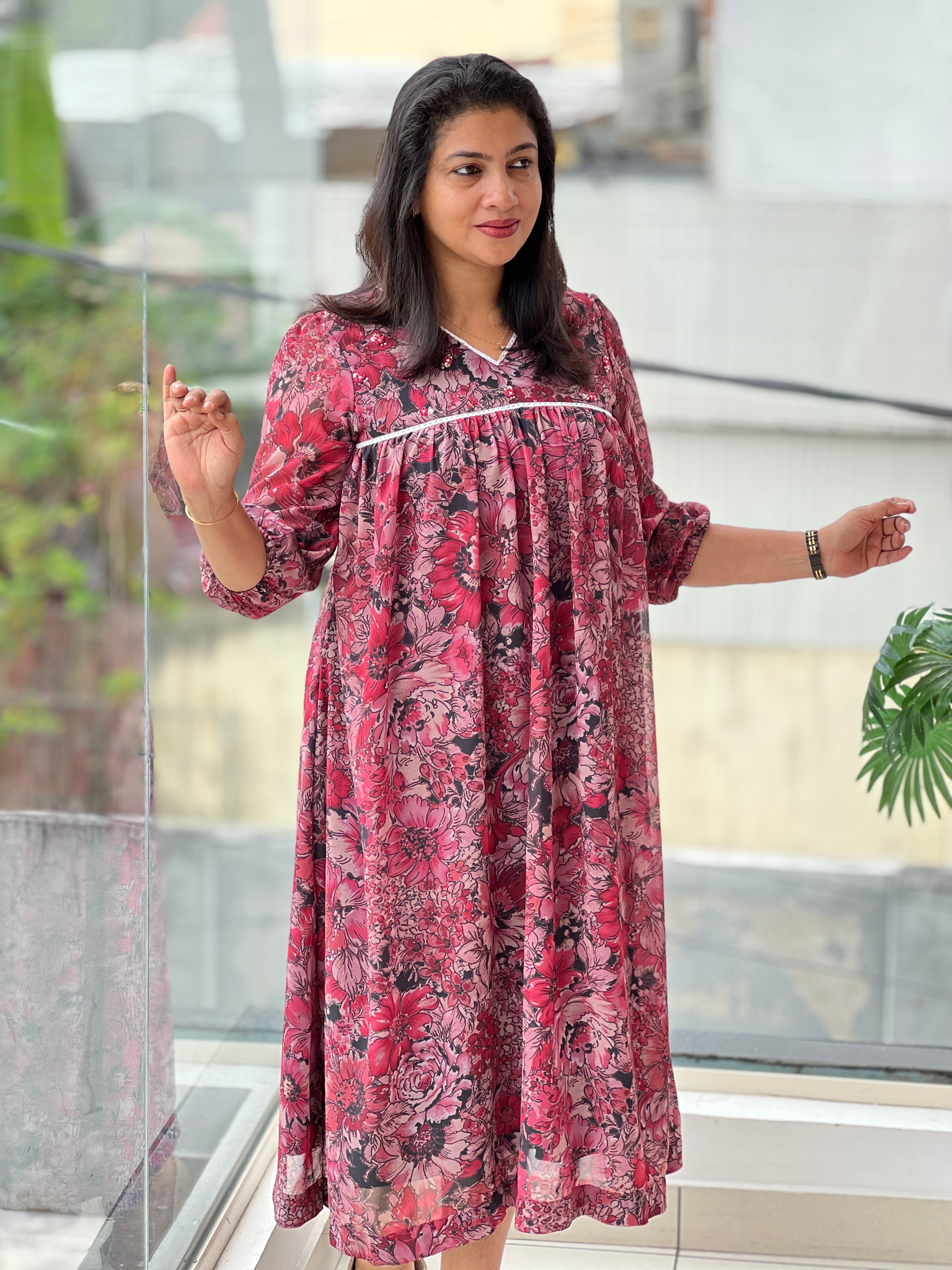 Floral Print With Hand Embroidery Detailed Organza Crepe Kurta | DN790