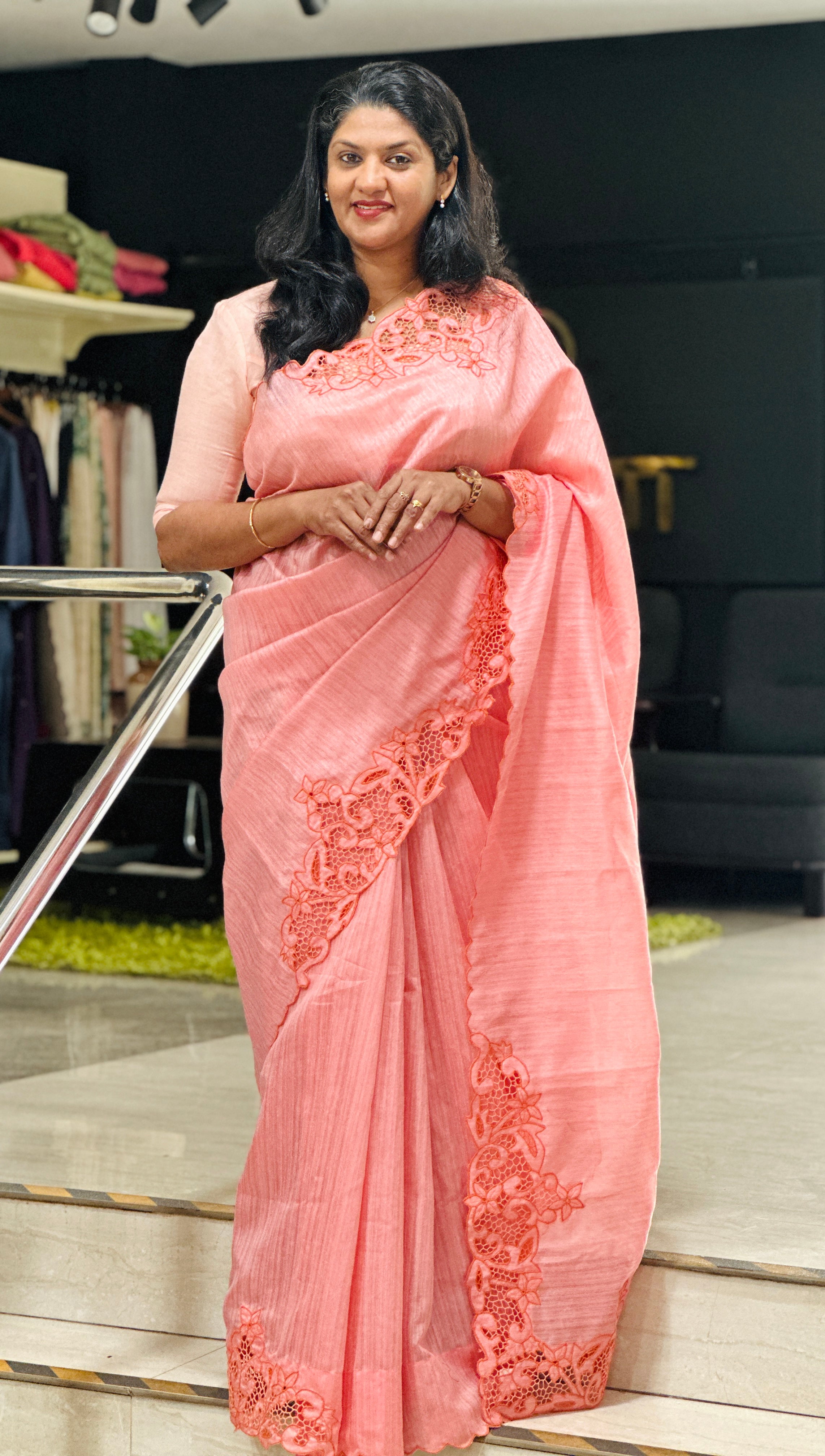 Placement Twine Cutwork Floral Design Green Silk Saree |TC489