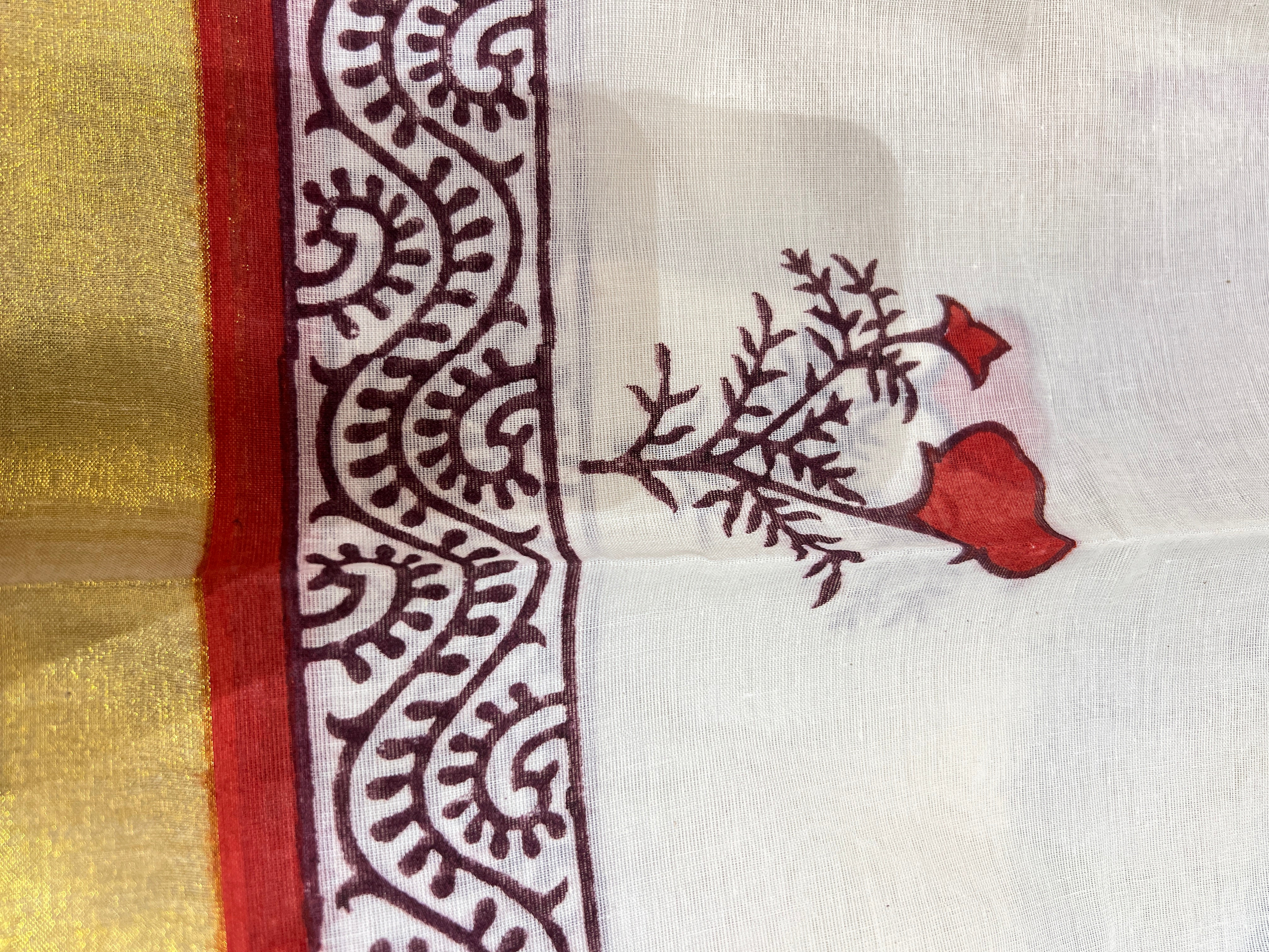 Line Woven Block Printed Kerala Cotton Saree | JSC729