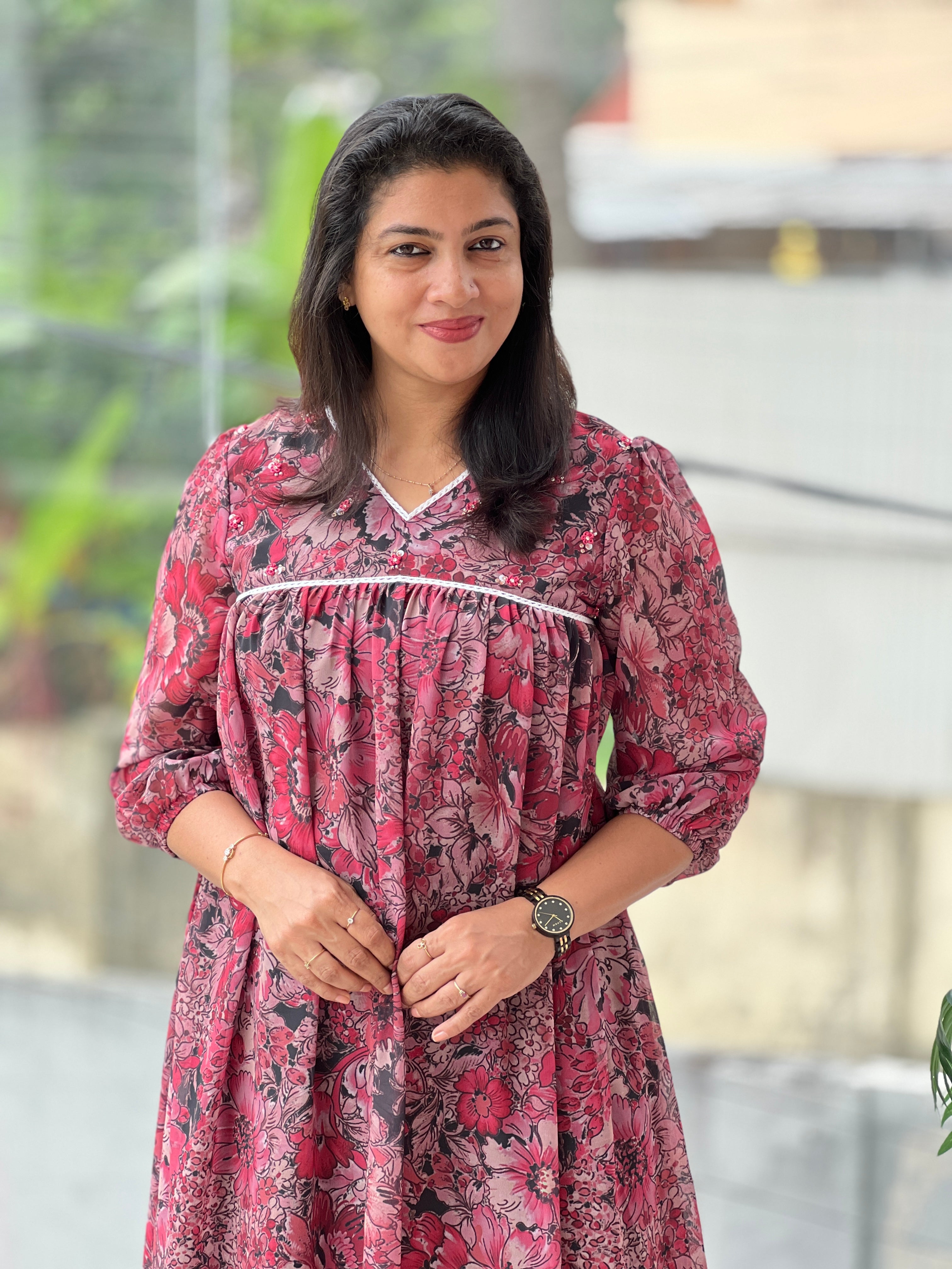 Floral Print With Hand Embroidery Detailed Organza Crepe Kurta | DN790