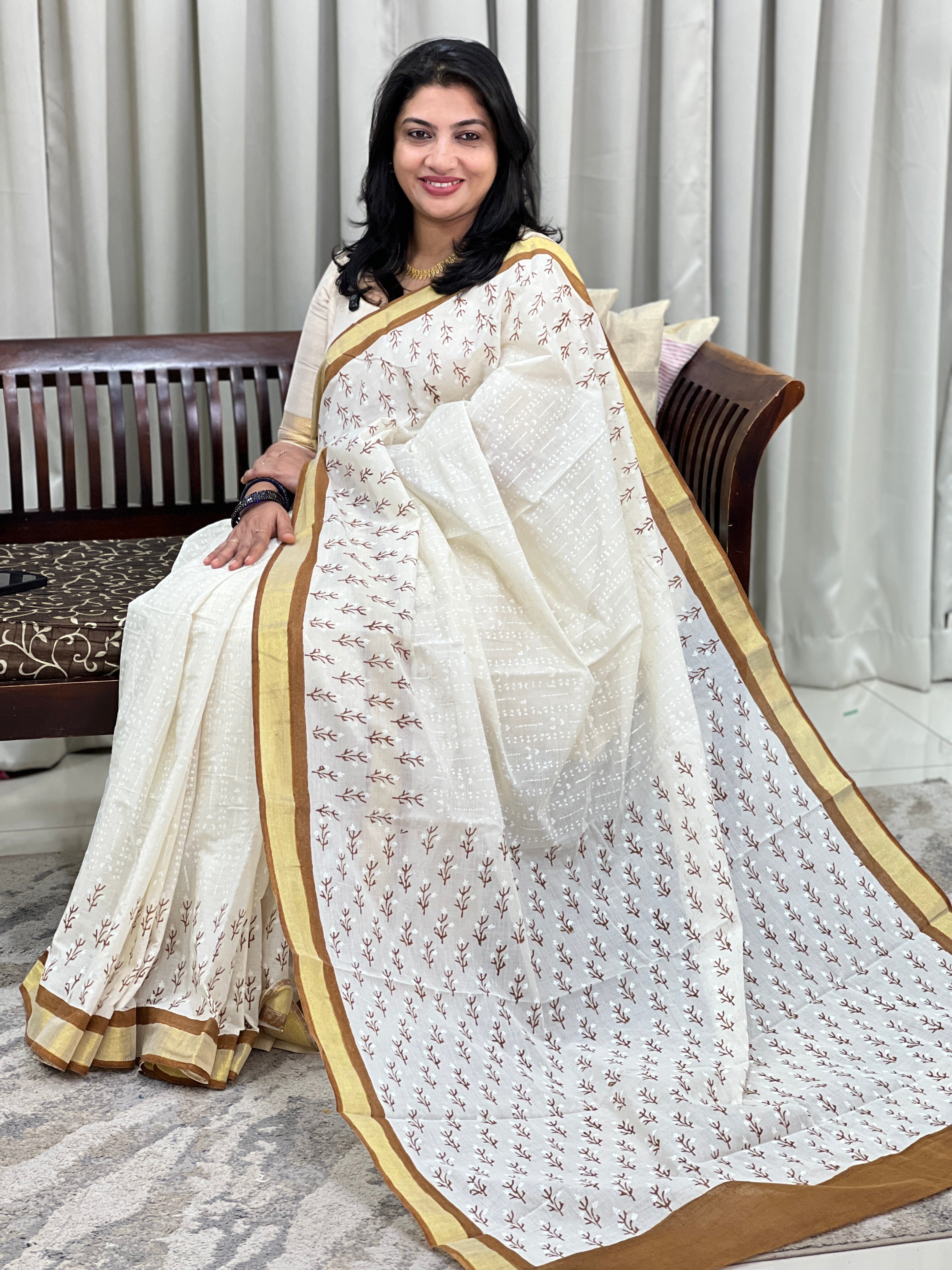 Floral Block Printed Kerala Cotton Saree | JSC735