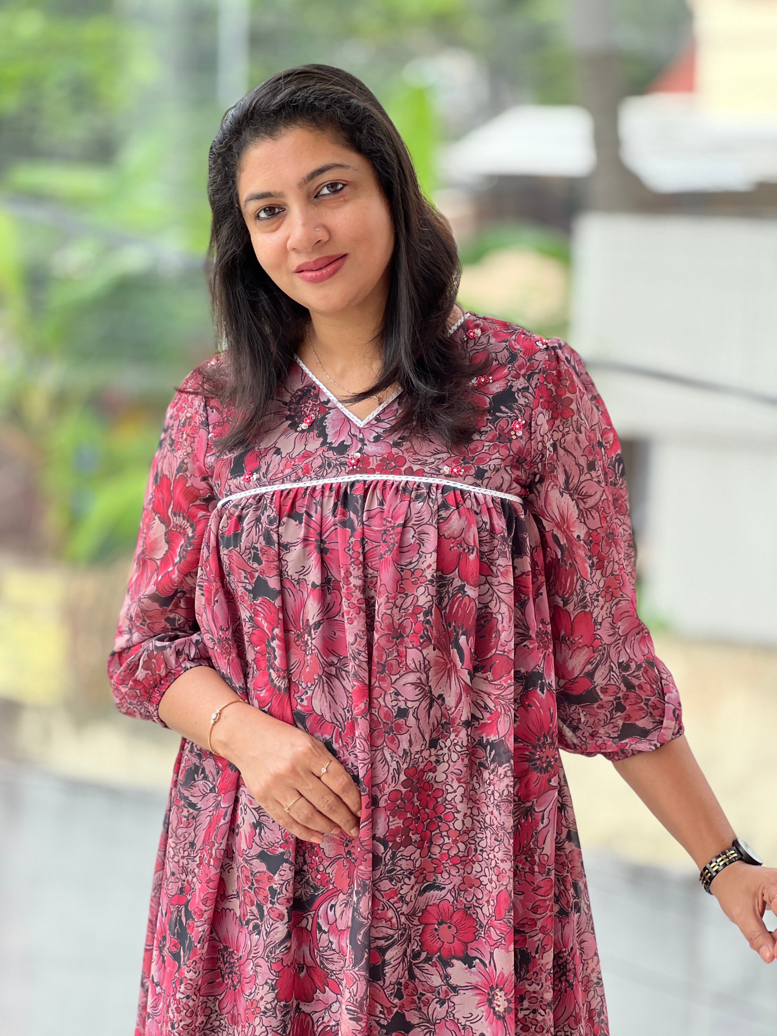 Floral Print With Hand Embroidery Detailed Organza Crepe Kurta | DN790