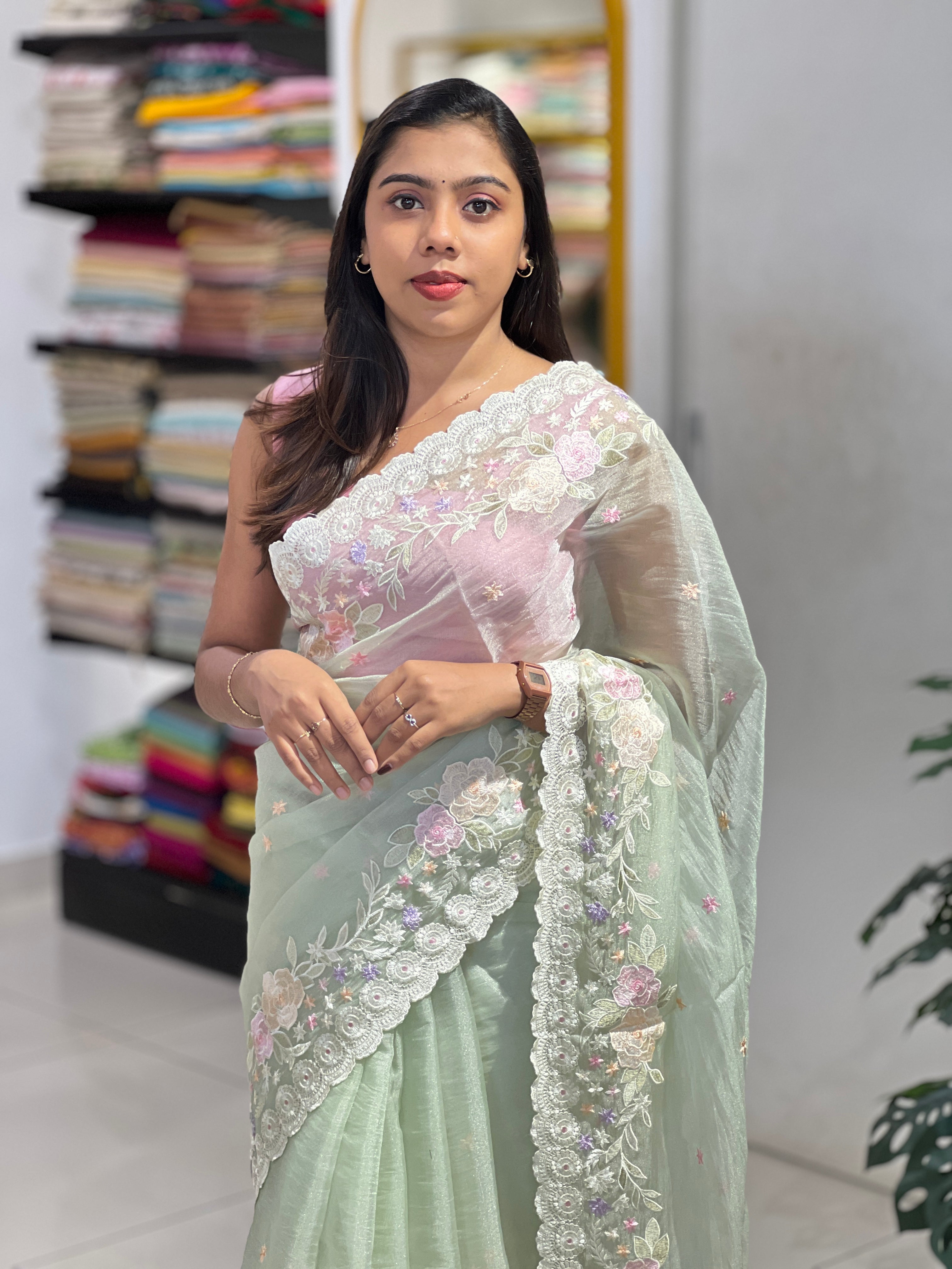 Floral Embroidery Detailed Crushed Shimmer Organza Saree | BLD2151