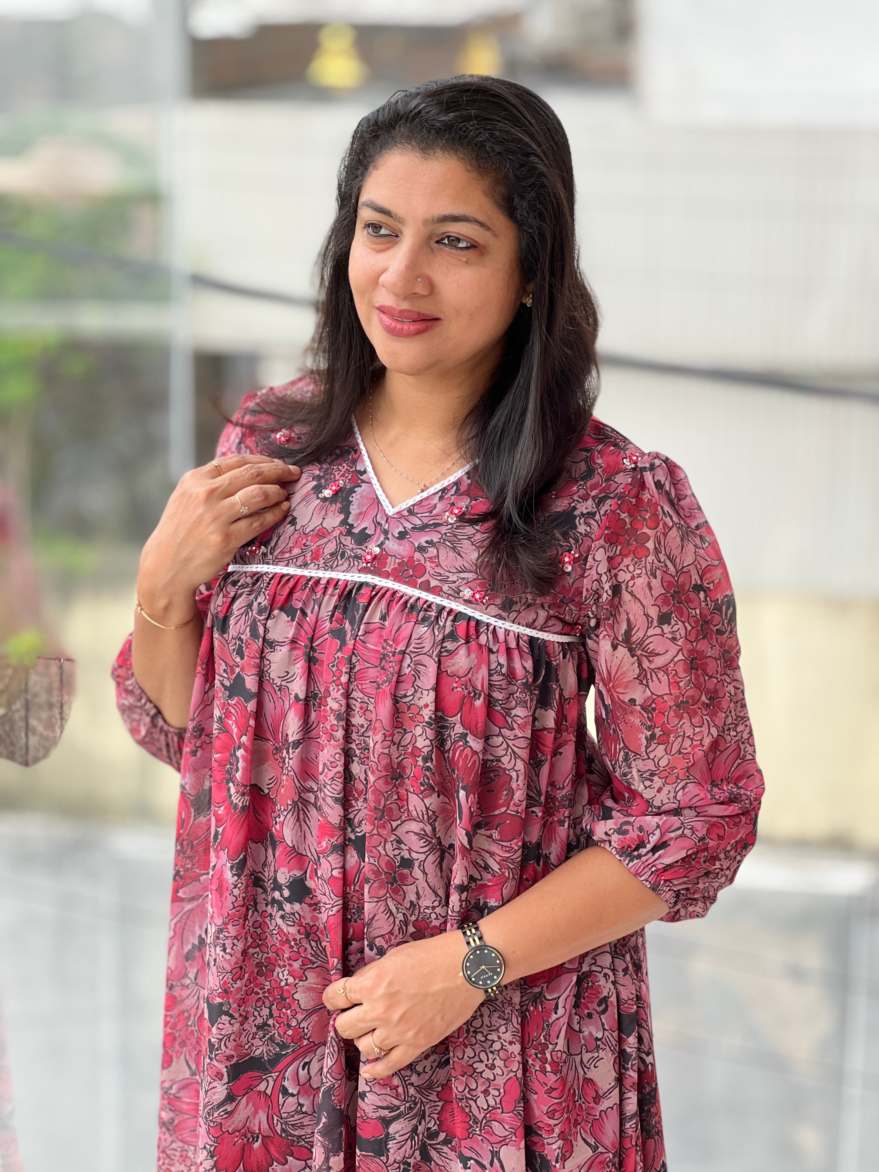 Floral Print With Hand Embroidery Detailed Organza Crepe Kurta | DN790