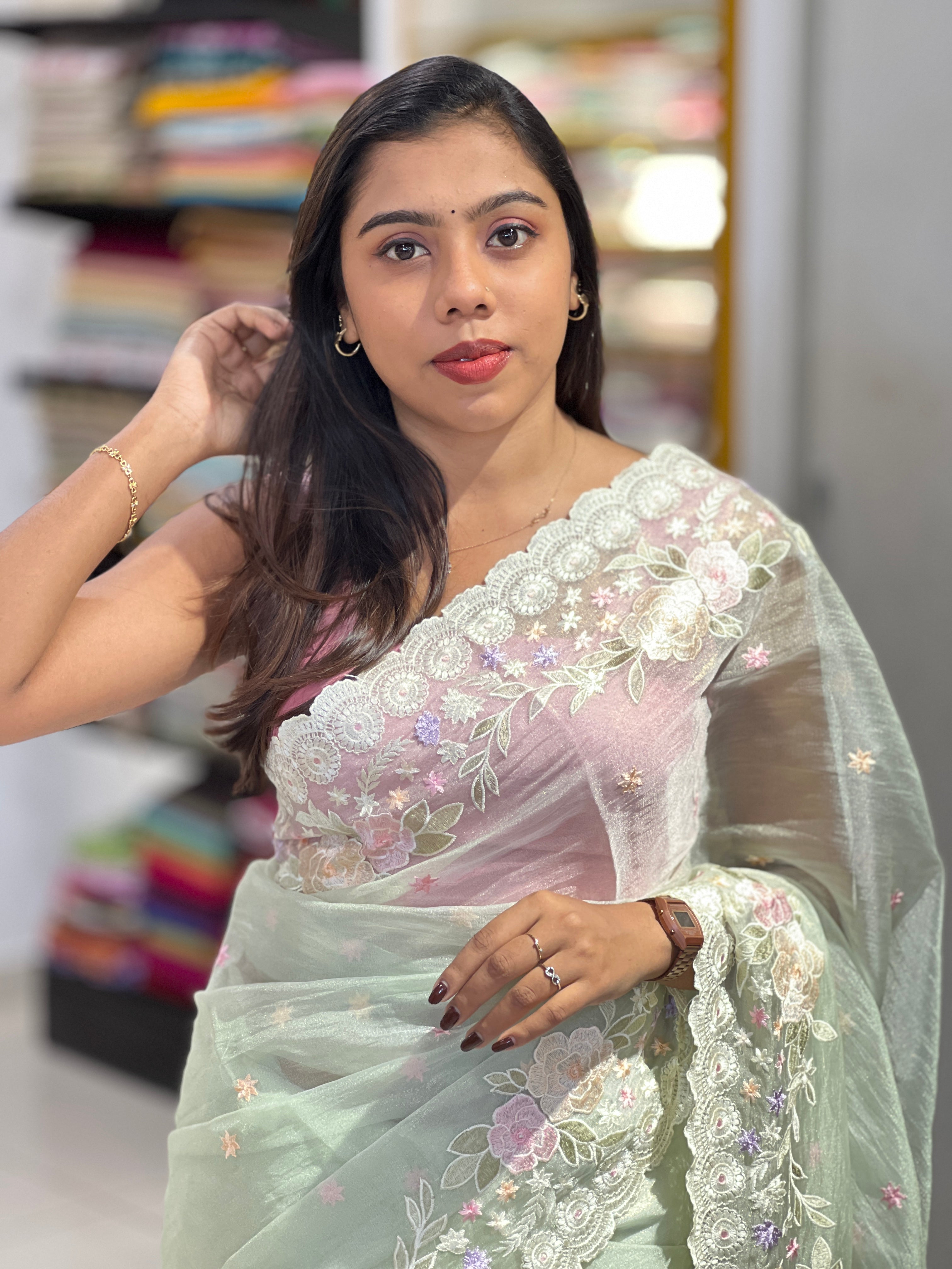 Floral Embroidery Detailed Crushed Shimmer Organza Saree | BLD2151