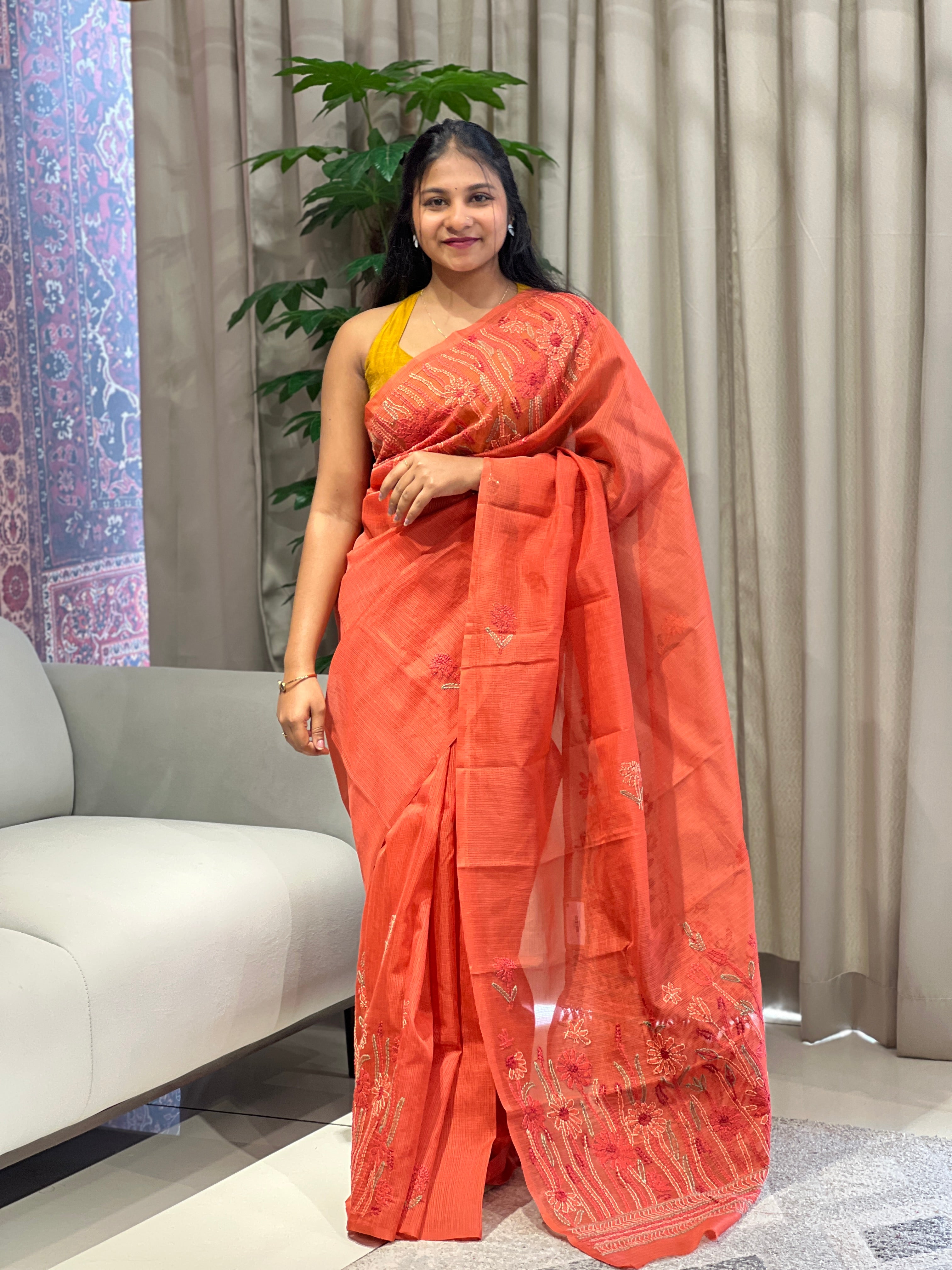 Chikankari Embroidery Detailed Muga Check Organza Saree | JSC502