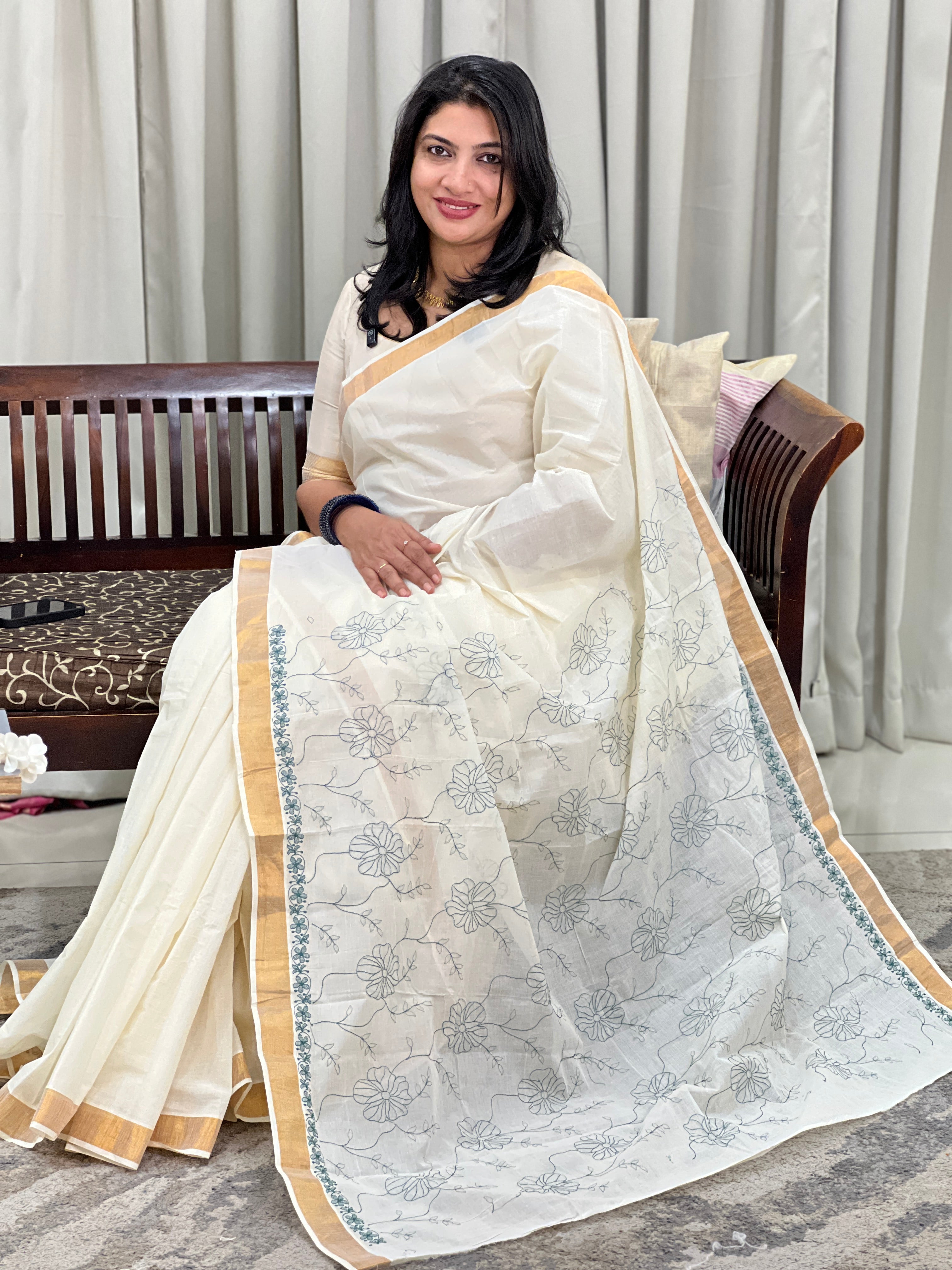 Embroidered Kerala Cotton Saree | JSC706