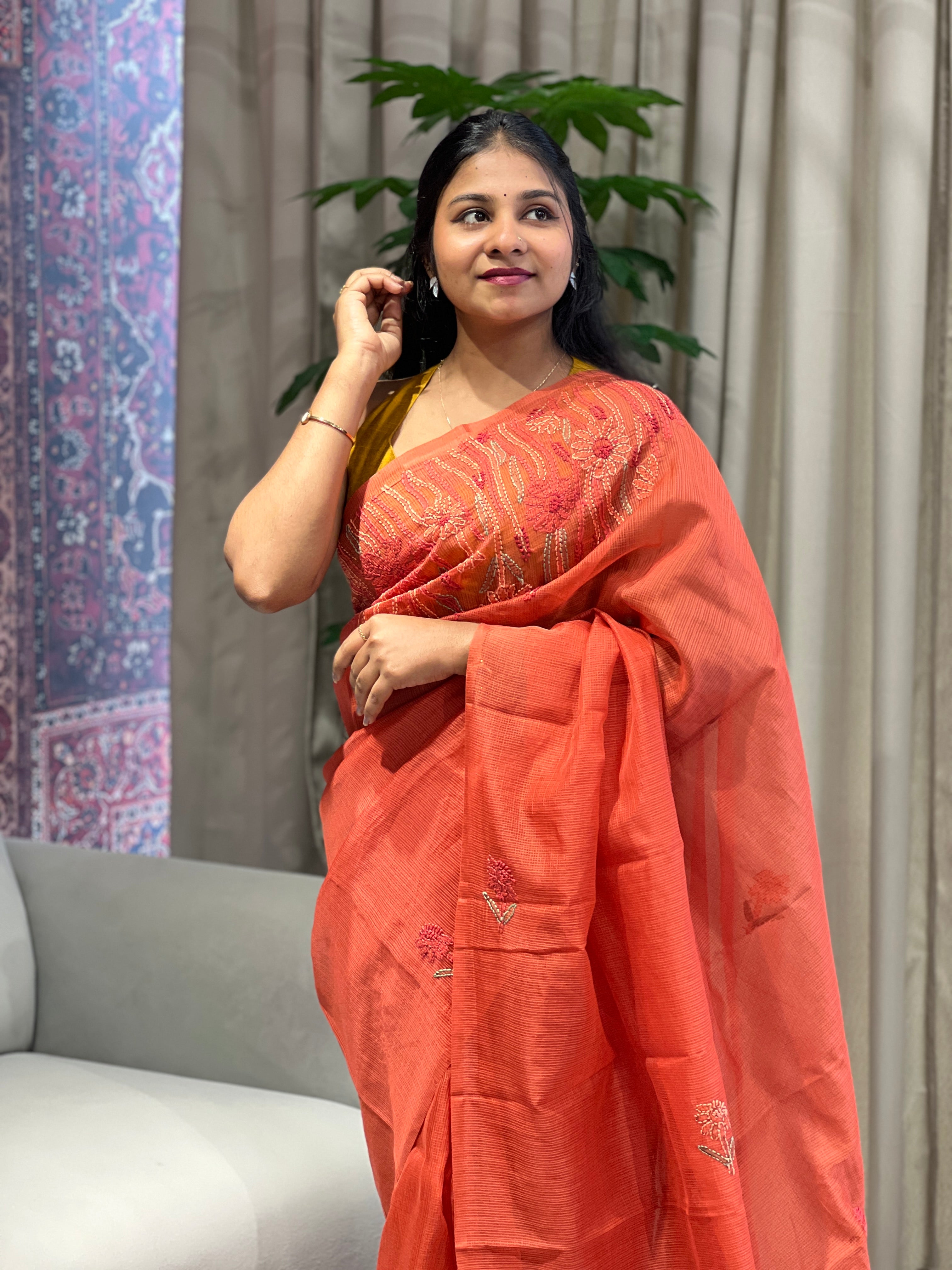 Chikankari Embroidery Detailed Muga Check Organza Saree | JSC502