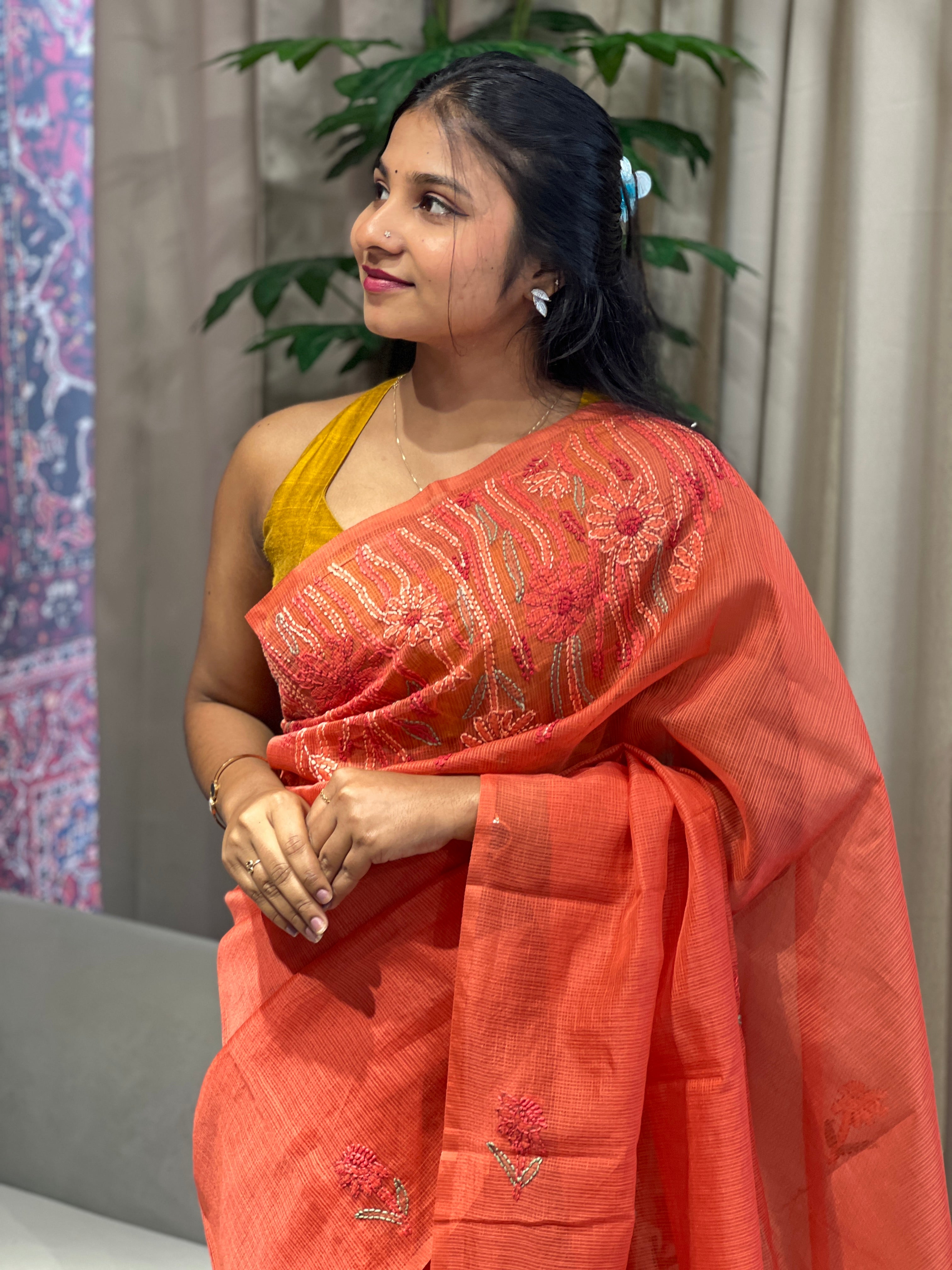 Chikankari Embroidery Detailed Muga Check Organza Saree | JSC502