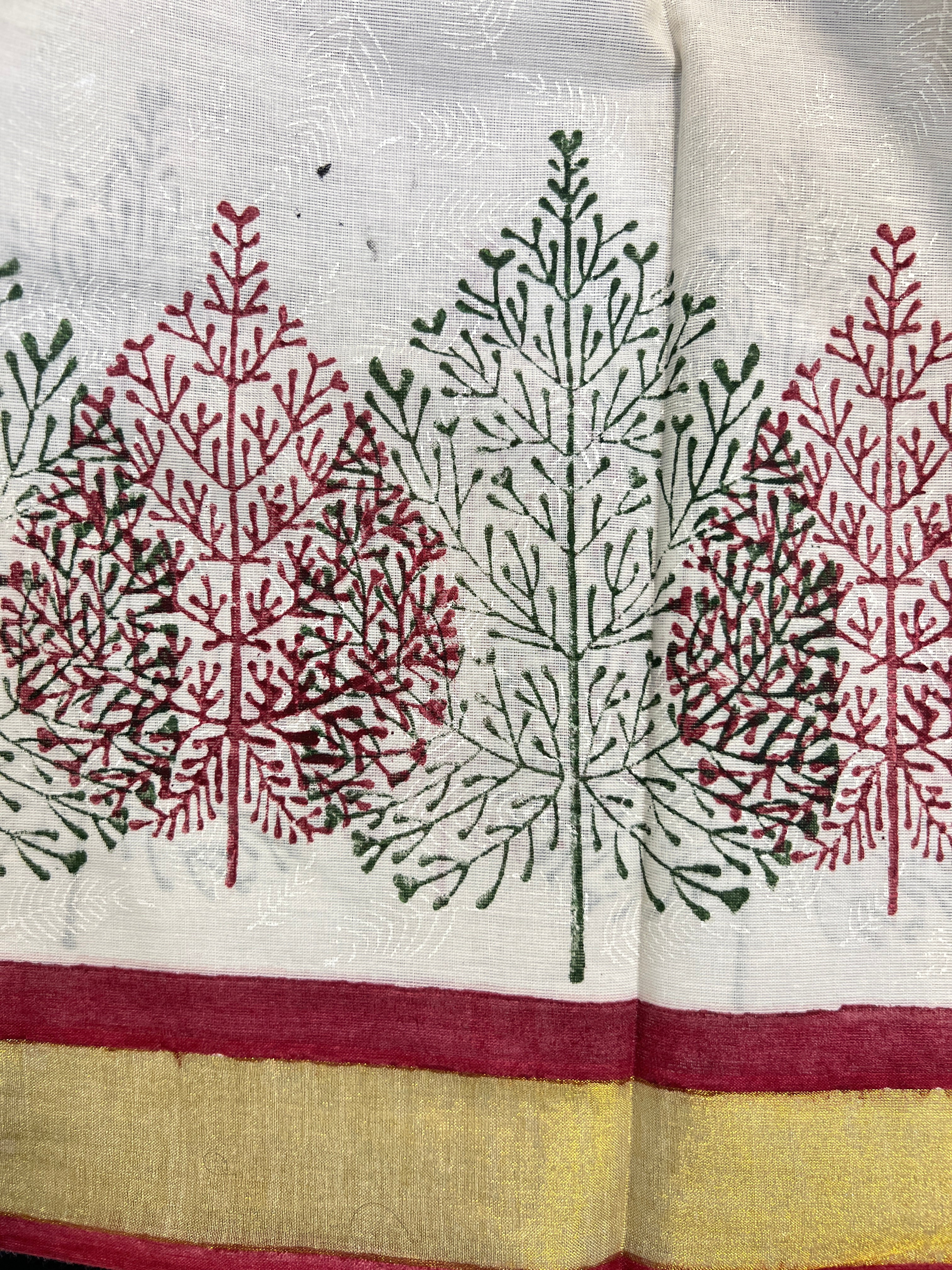 Leaf Pattern Block Printed Kerala Cotton Saree | JSC719