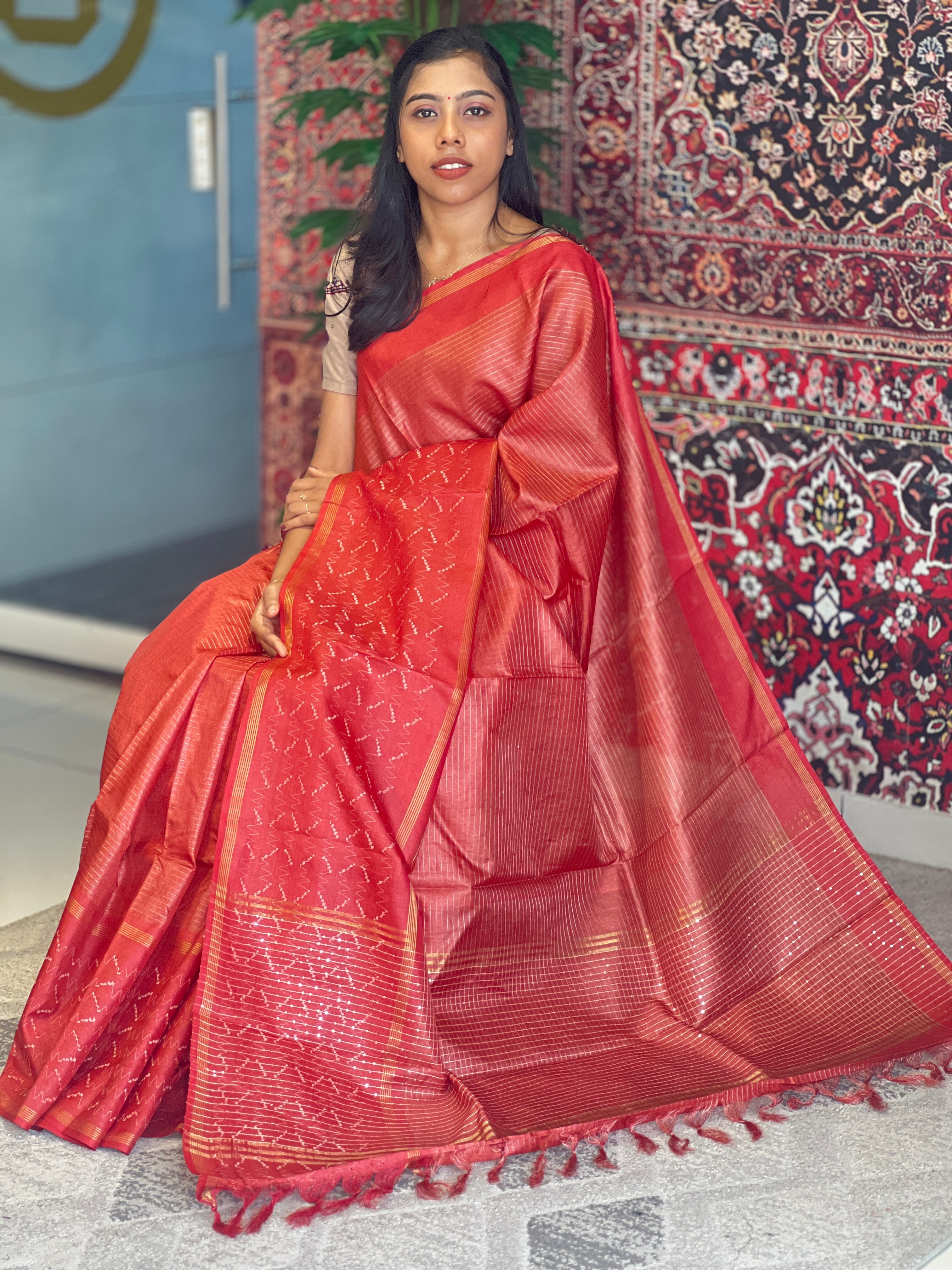Zari Weaved Stripe Pattern Tussar Saree | ACT1190
