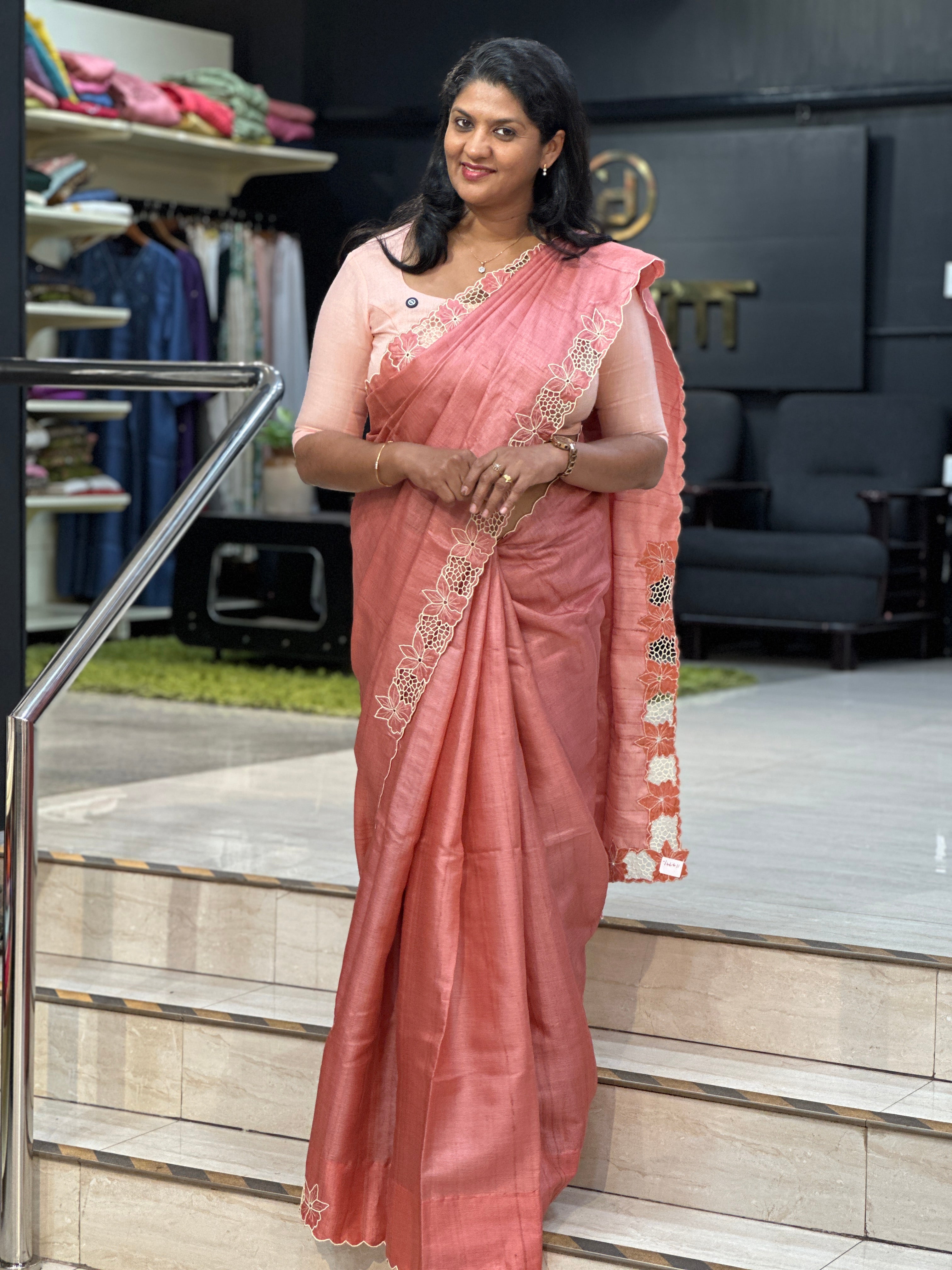 Floral Twine Cut Work Placement Embroidered Desi Tussar Saree | TC493