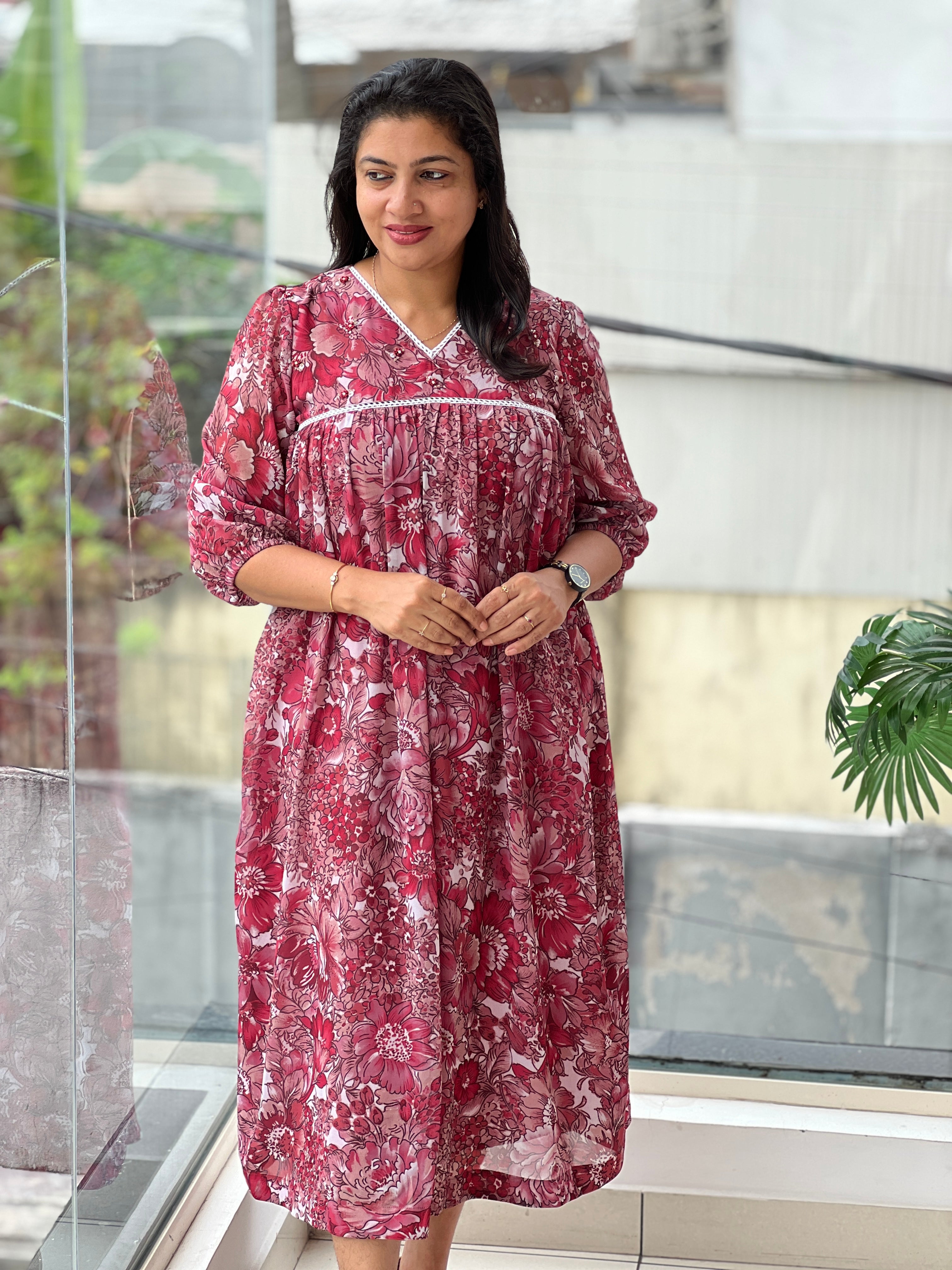 Floral Print With Hand Embroidery Detailed Organza Crepe Kurta | DN791