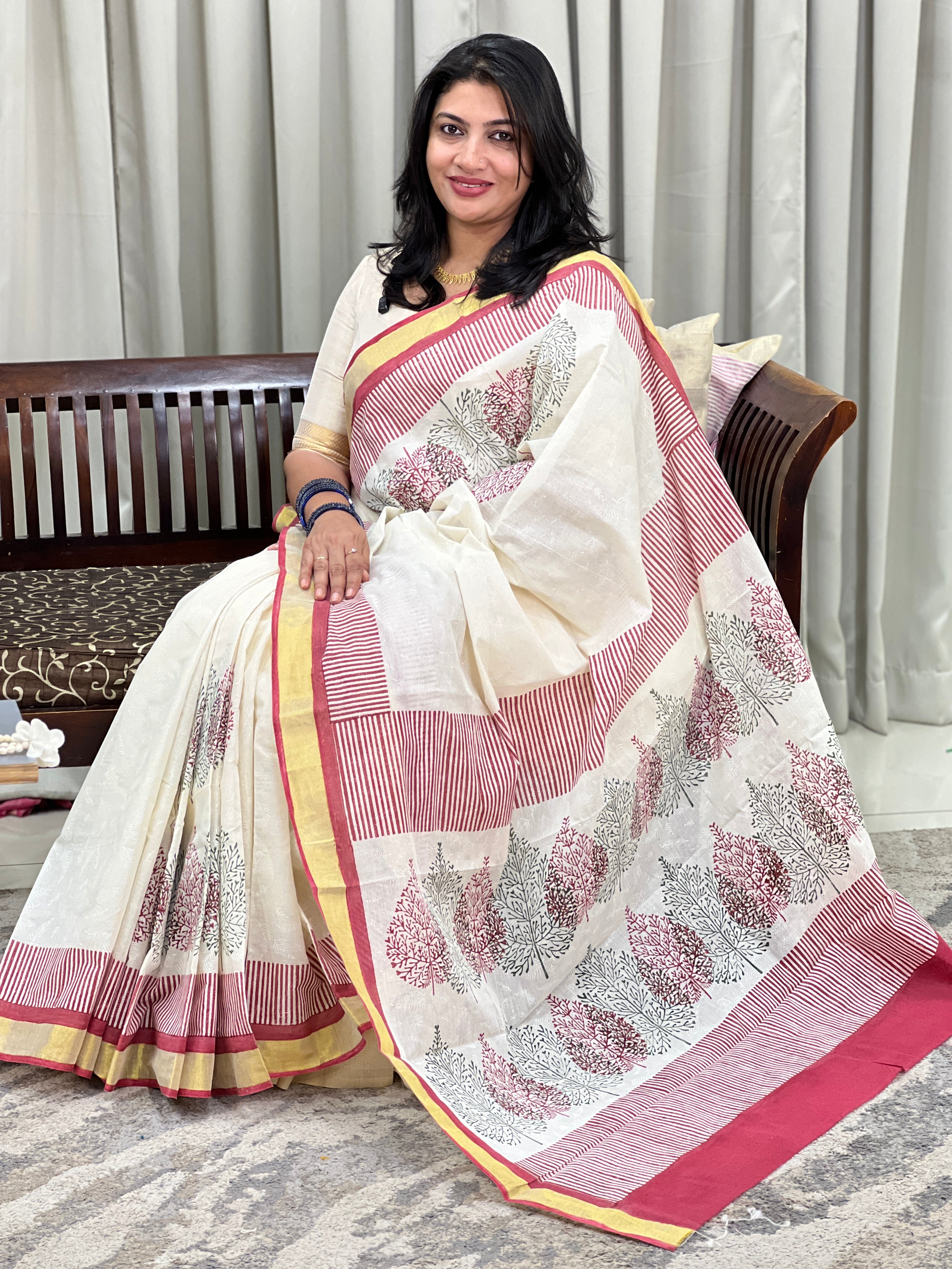 Leaf Pattern Block Printed Kerala Cotton Saree | JSC719