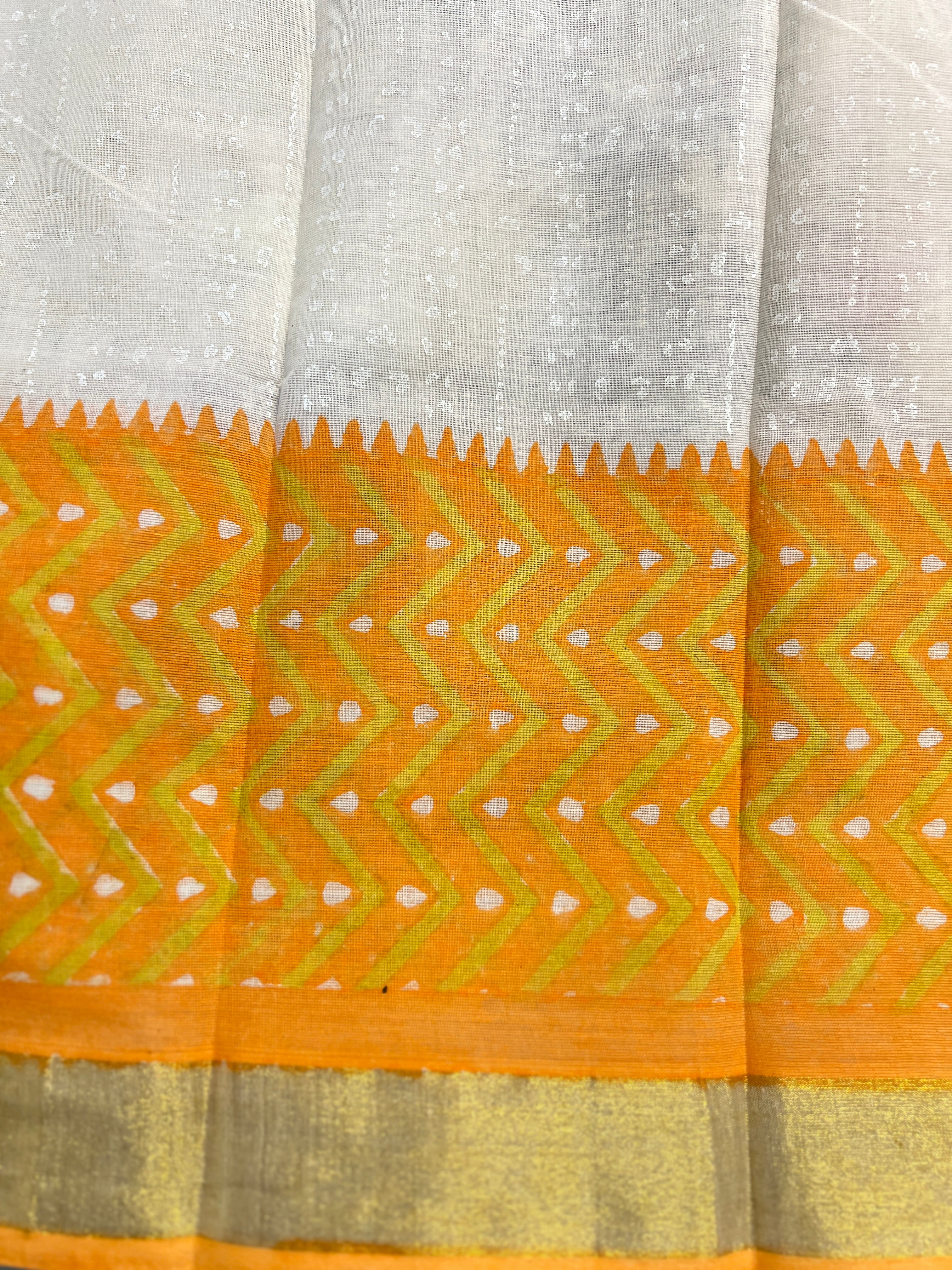 Zig Zag Pattern Block Print Kerala Cotton Saree | JSC723