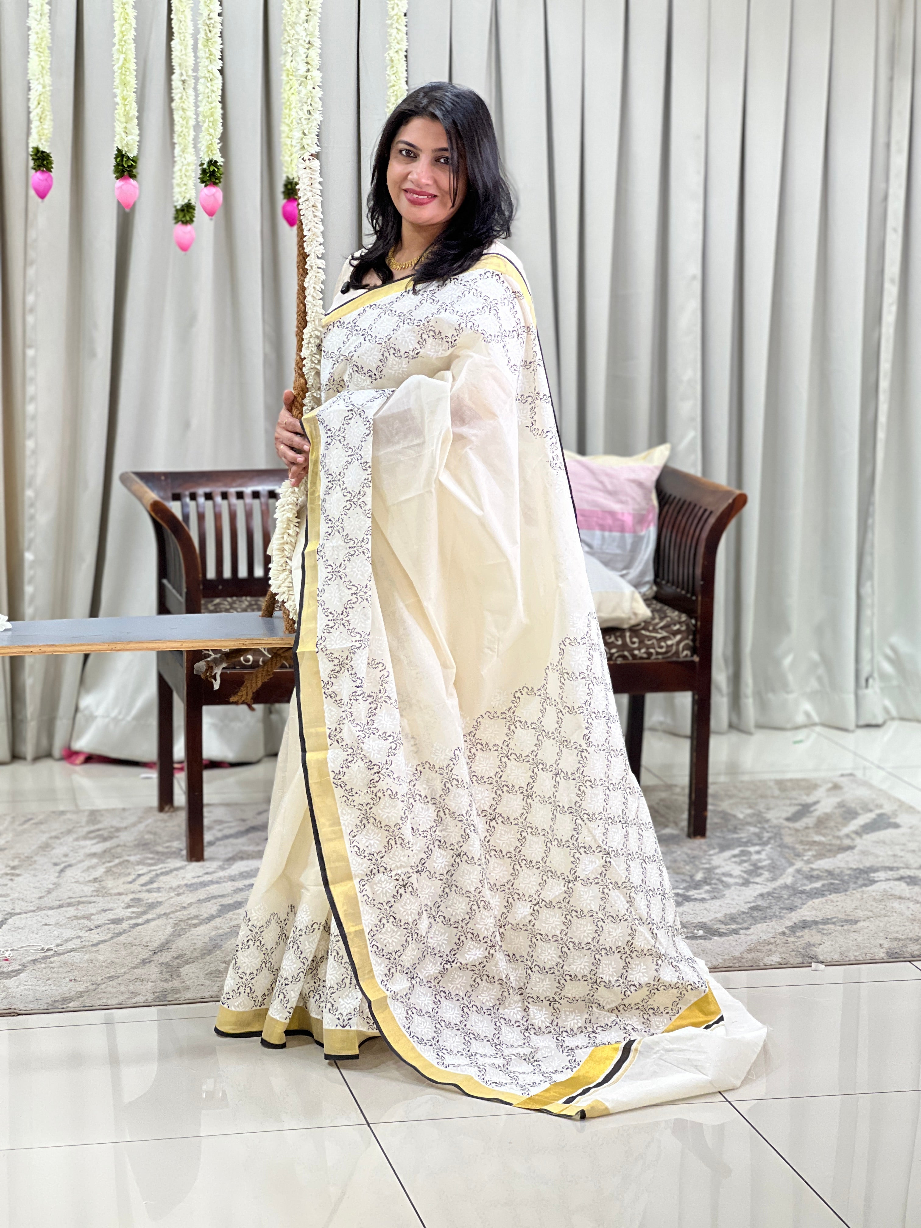 Block Printed Kerala Cotton Saree | JSC738