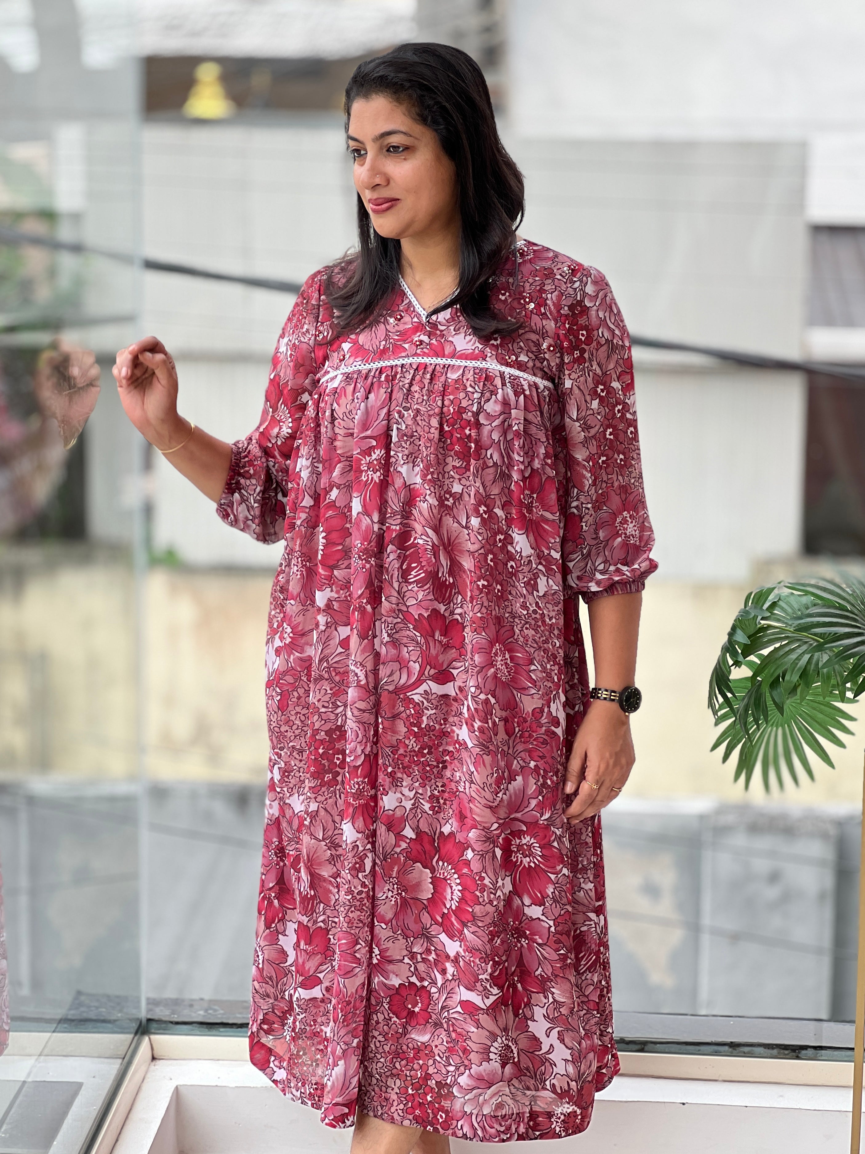 Floral Print With Hand Embroidery Detailed Organza Crepe Kurta | DN791