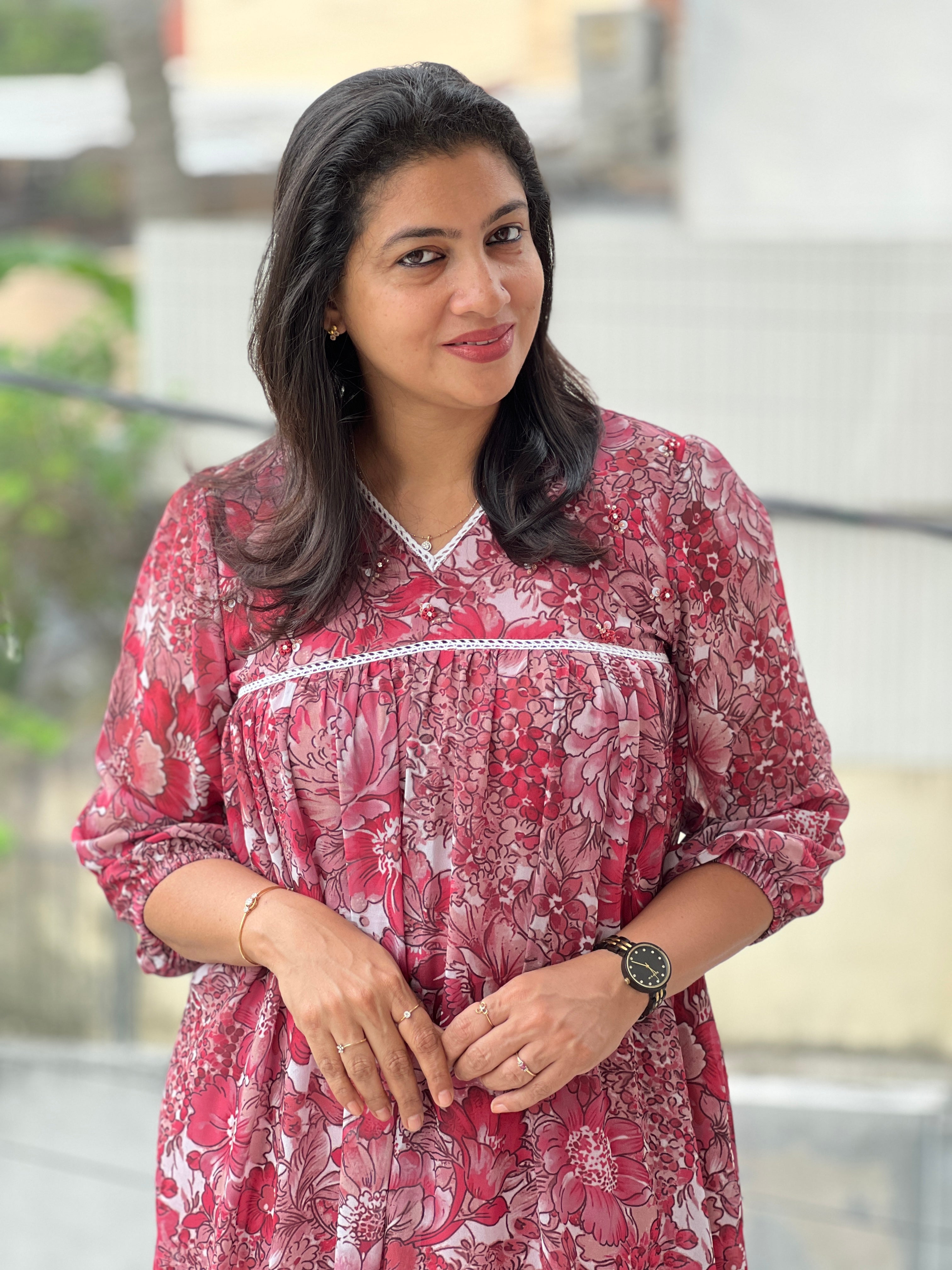 Floral Print With Hand Embroidery Detailed Organza Crepe Kurta | DN791