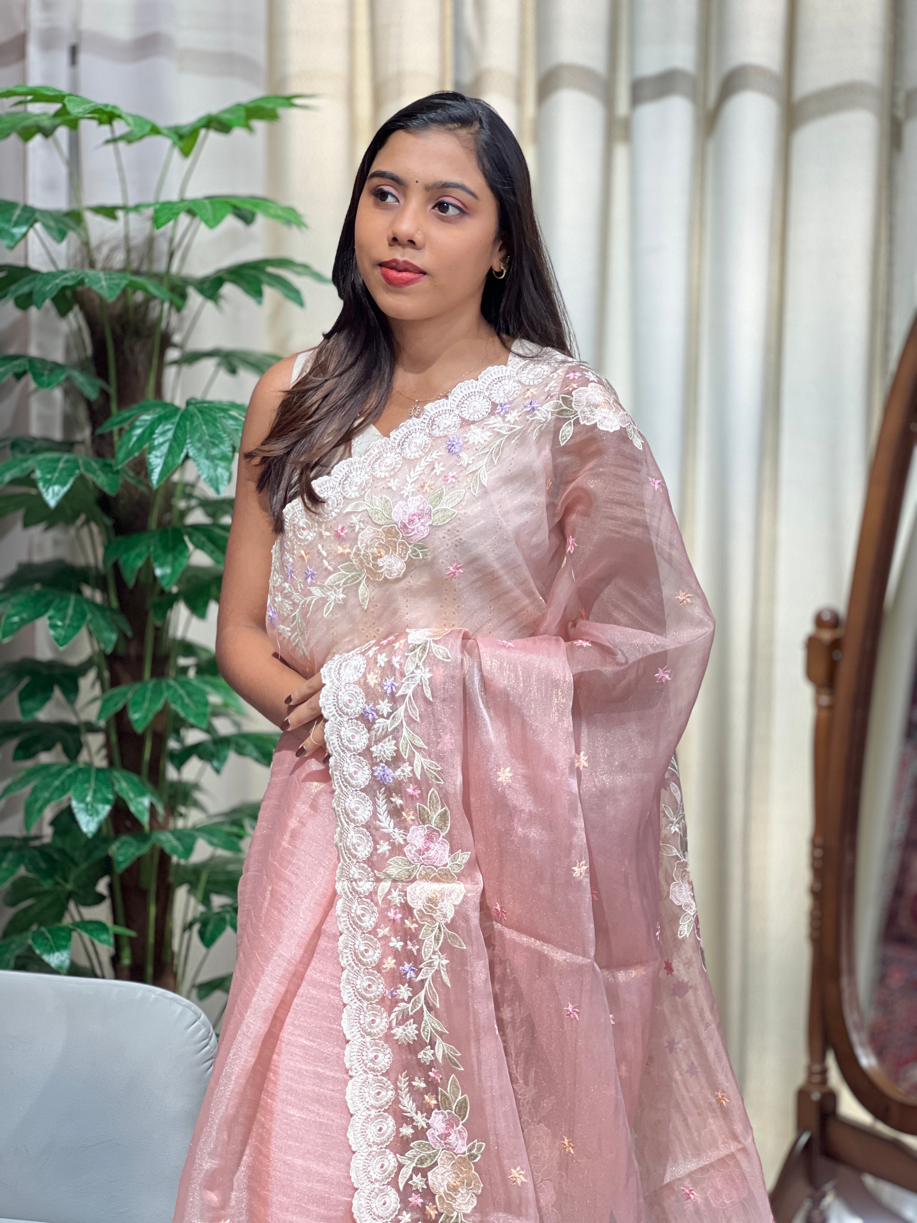 Floral Embroidery Detailed Crushed Shimmer Organza Saree | BLD2150