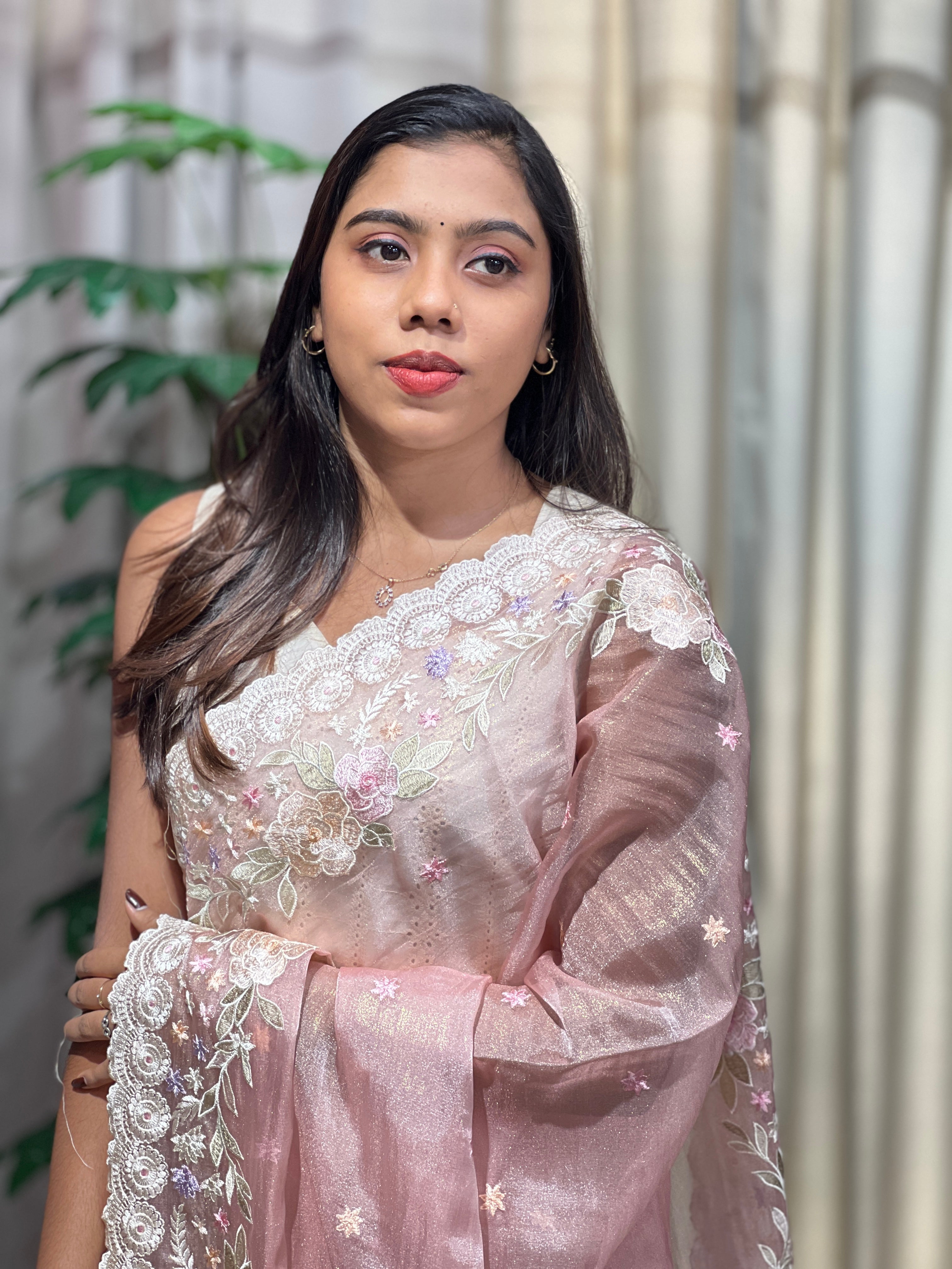 Floral Embroidery Detailed Crushed Shimmer Organza Saree | BLD2150