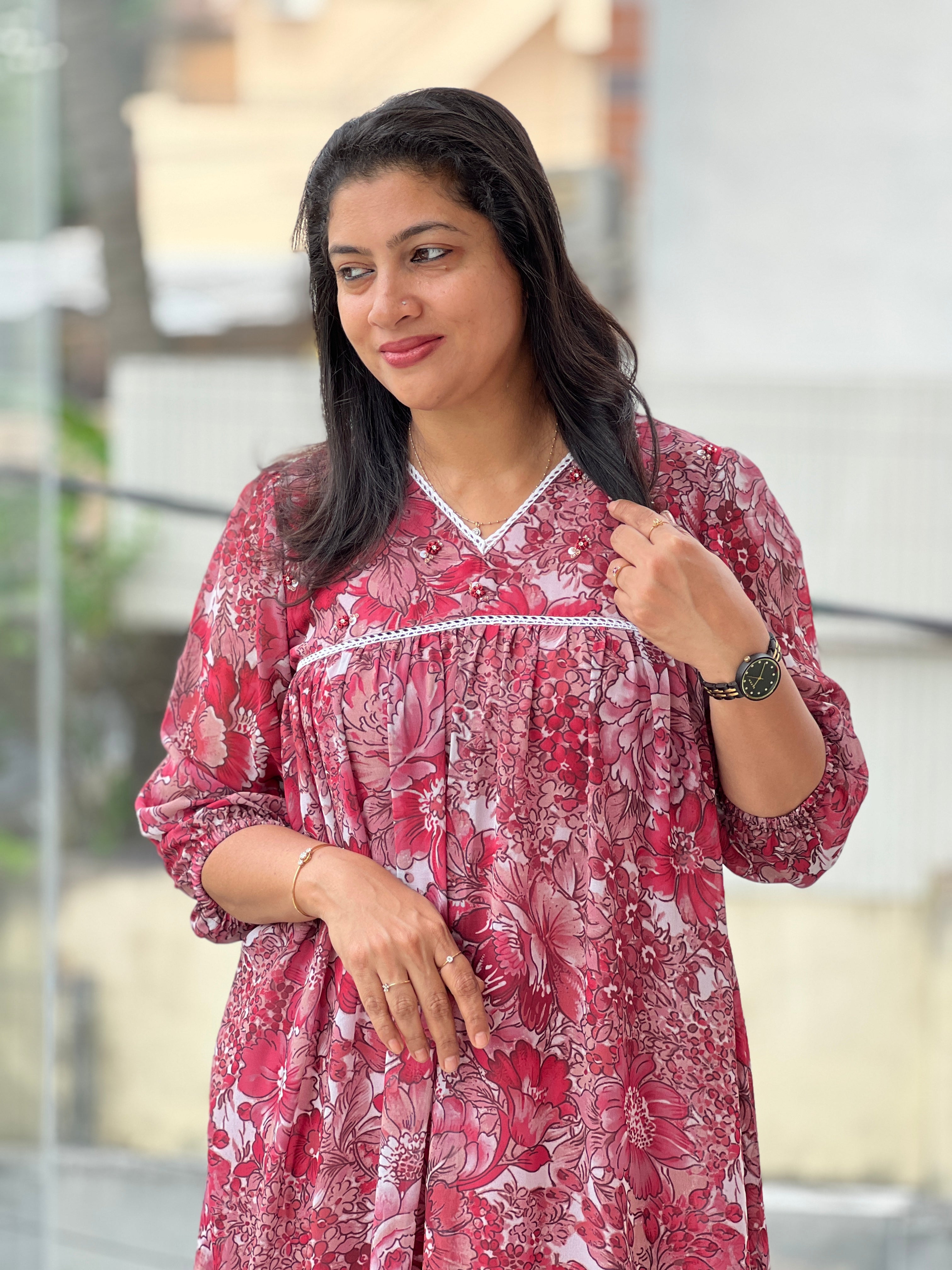 Floral Print With Hand Embroidery Detailed Organza Crepe Kurta | DN791