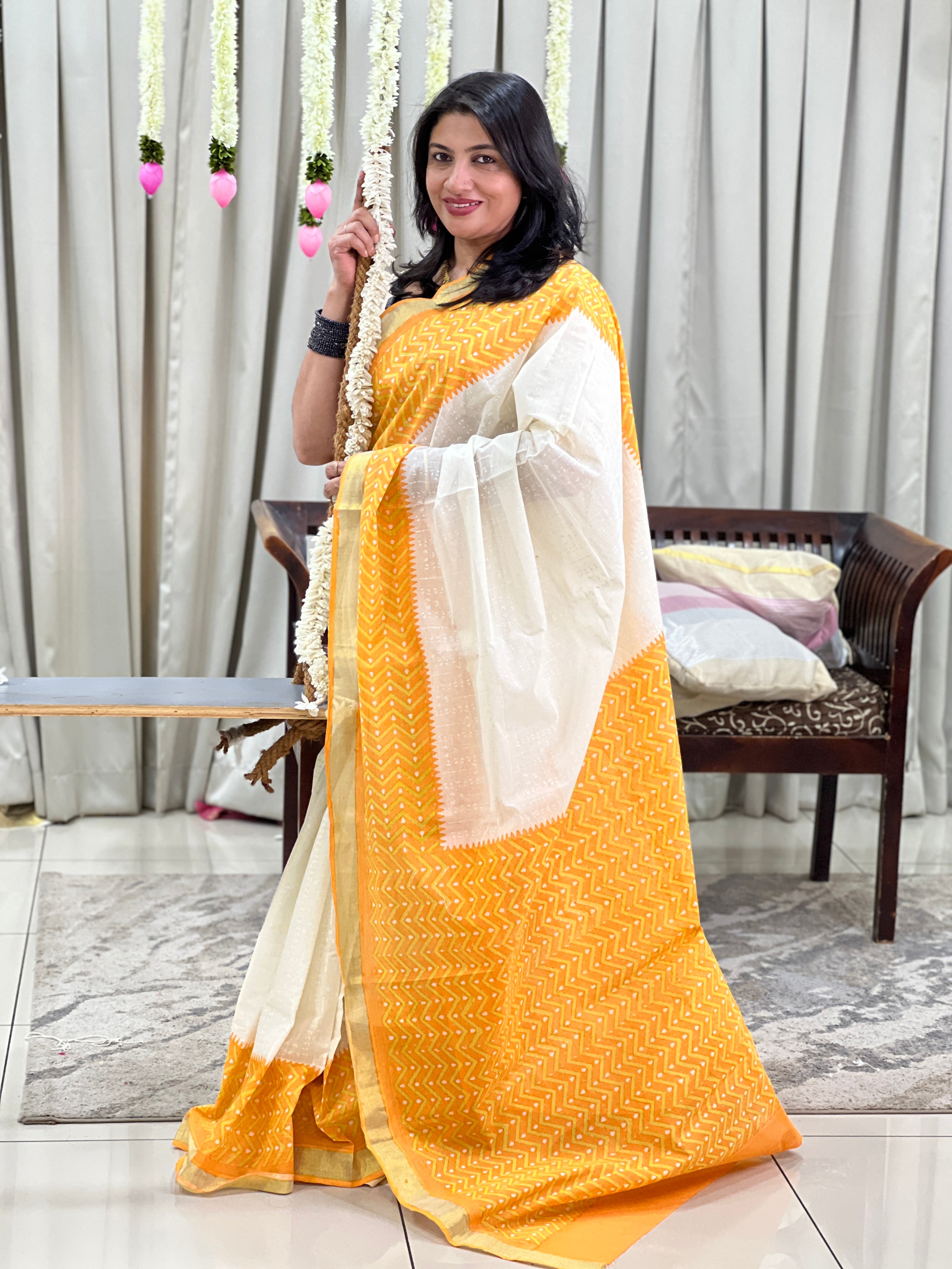 Zig Zag Pattern Block Print Kerala Cotton Saree | JSC723