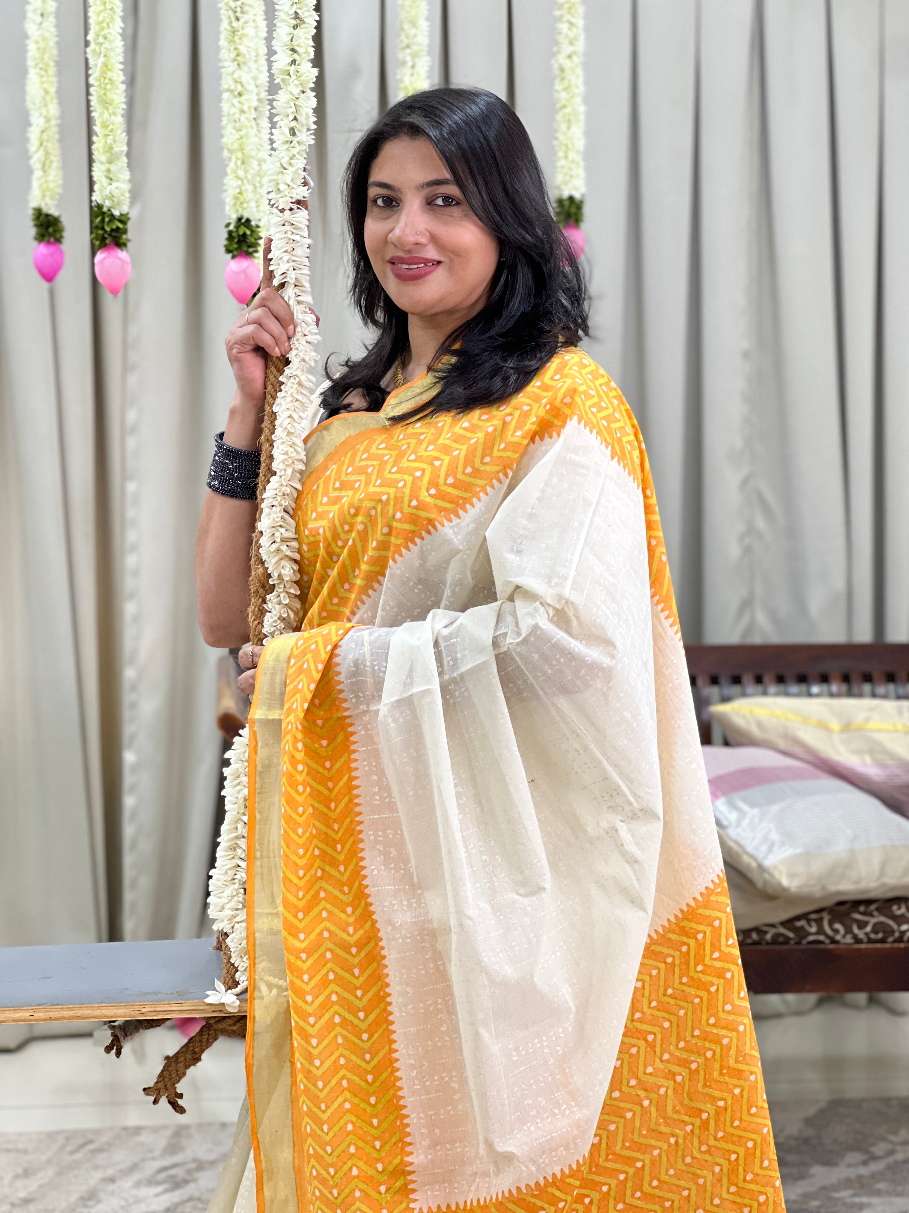 Zig Zag Pattern Block Print Kerala Cotton Saree | JSC723