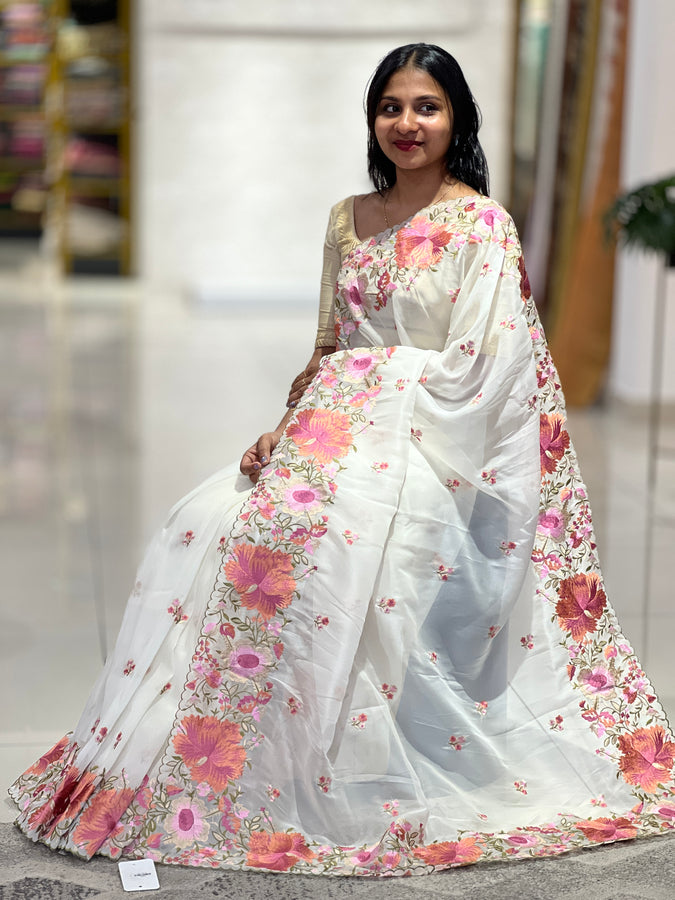 Machine Floral Embroidered Organza Saree | RP606