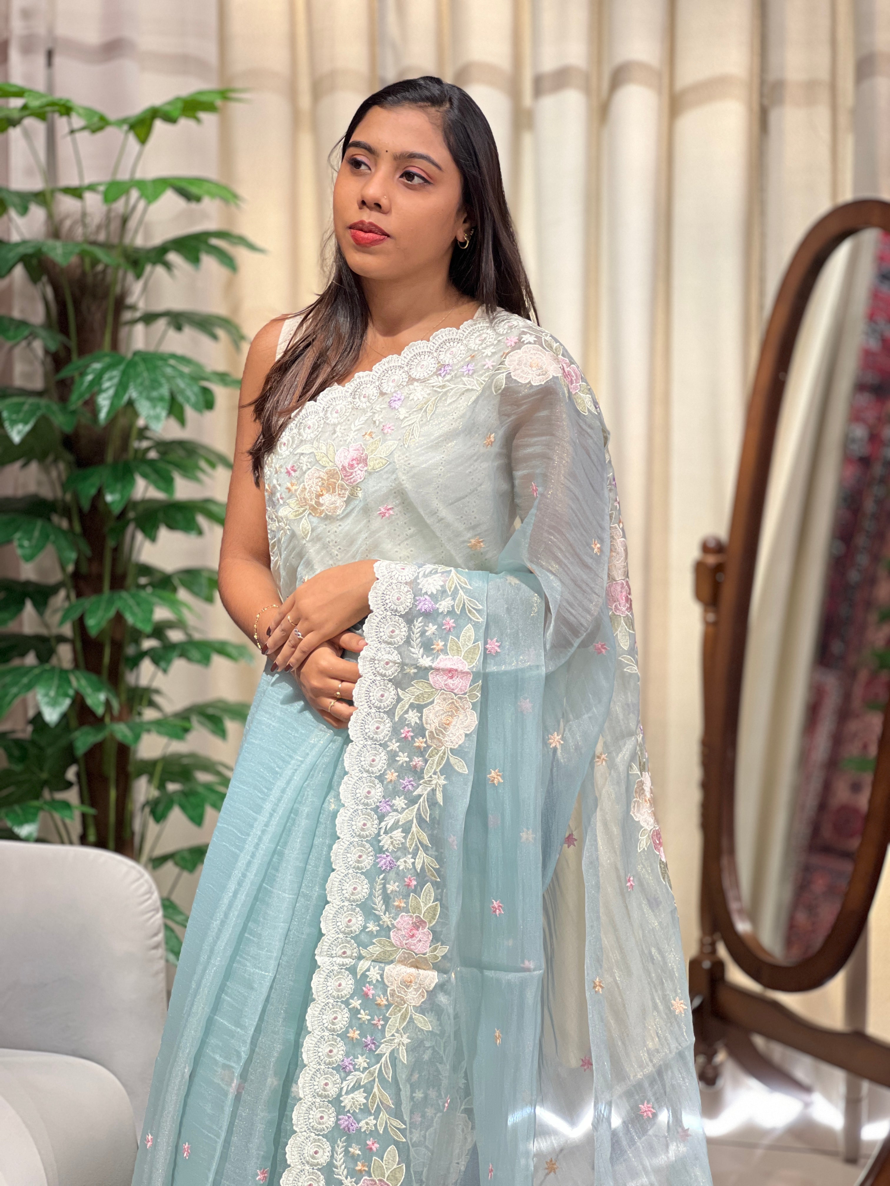 Floral Embroidery Detailed Crushed Shimmer Organza Saree | BLD2149