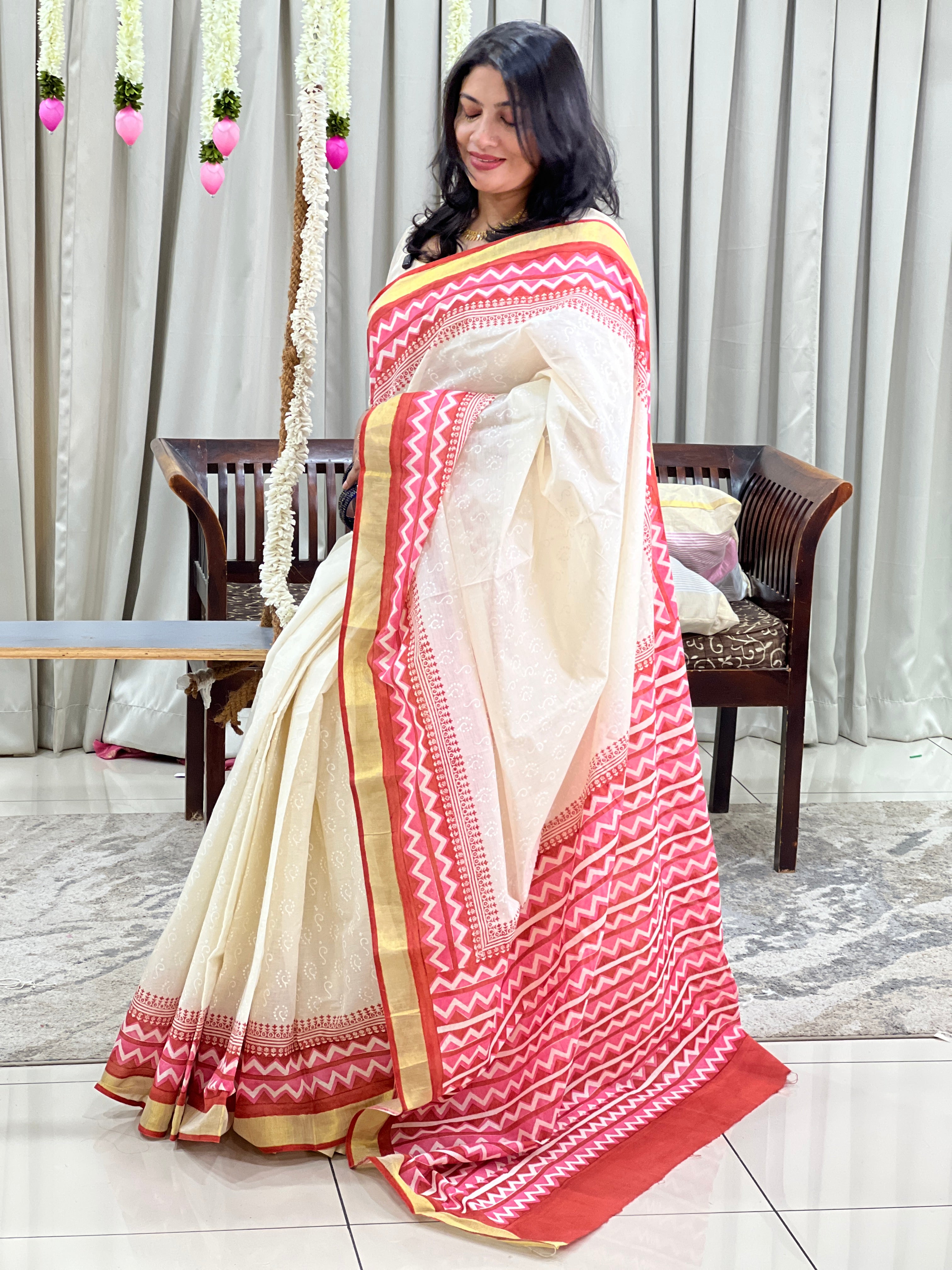 Block Printed Kerala Cotton Saree | JSC711