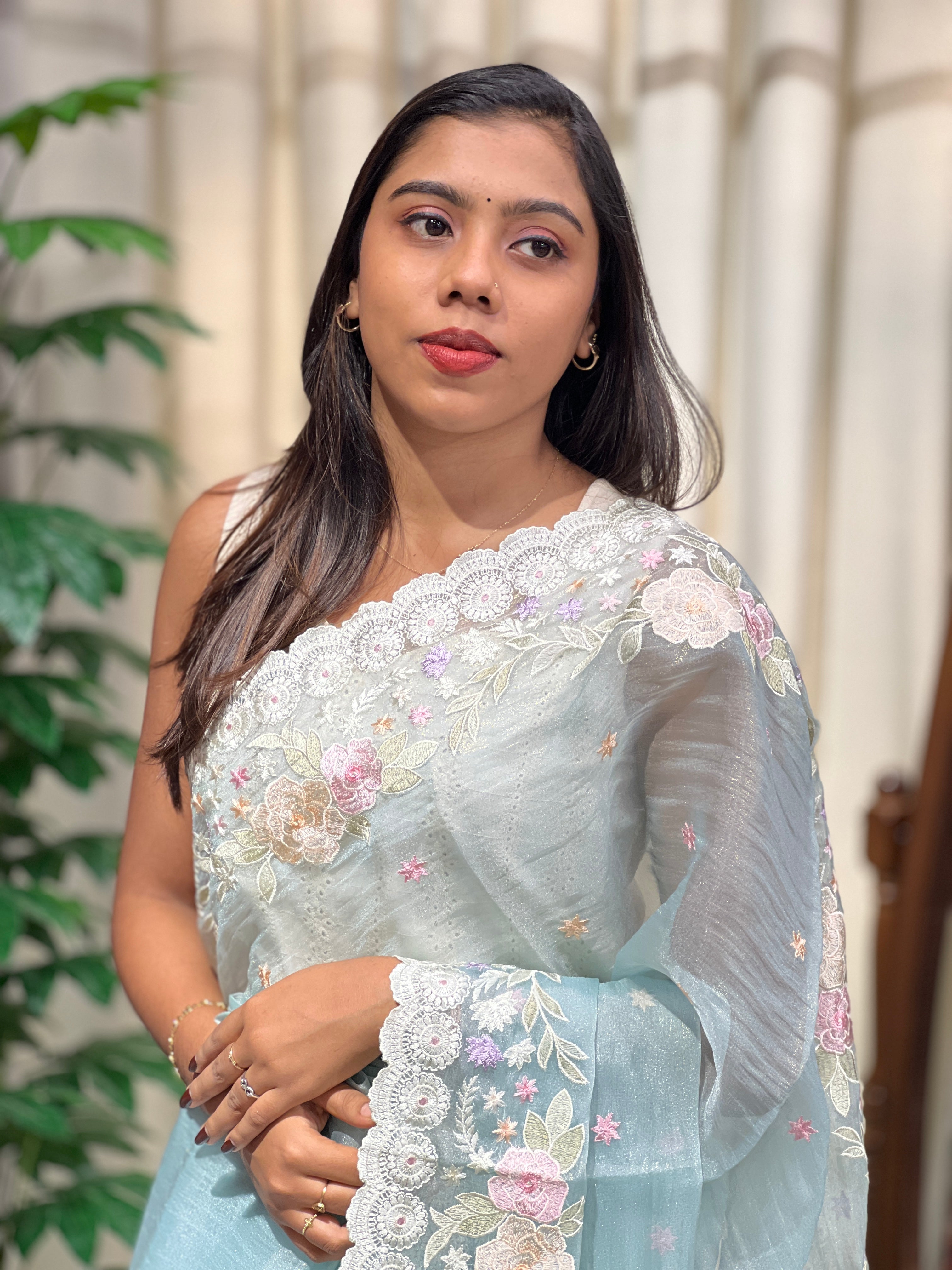 Floral Embroidery Detailed Crushed Shimmer Organza Saree | BLD2149