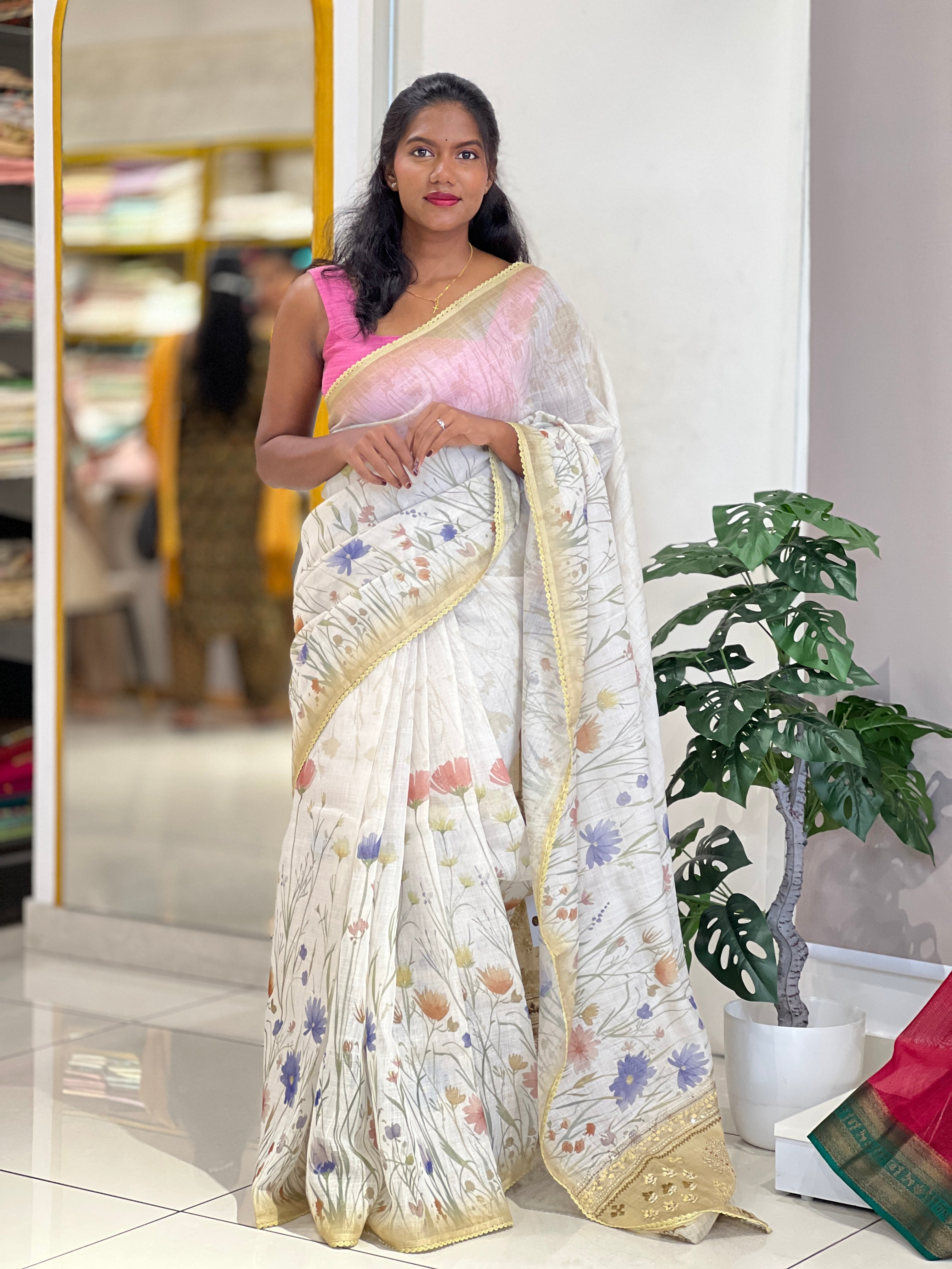 Floral Print & Hand Embroidery Detailed Tissue Linen Saree | BLD1930