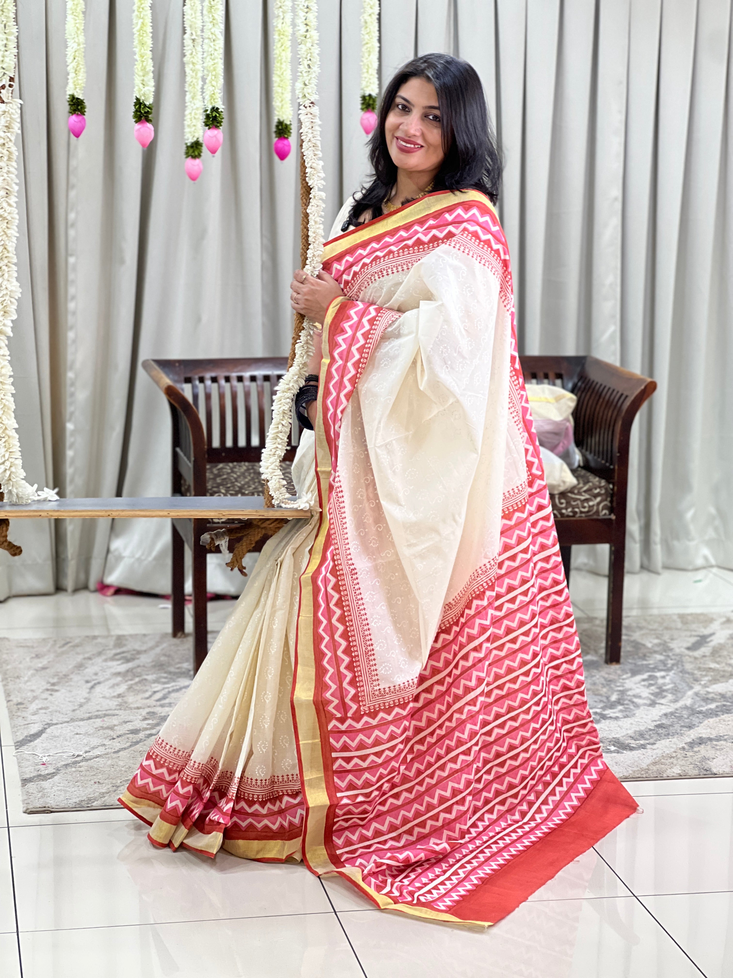 Block Printed Kerala Cotton Saree | JSC711