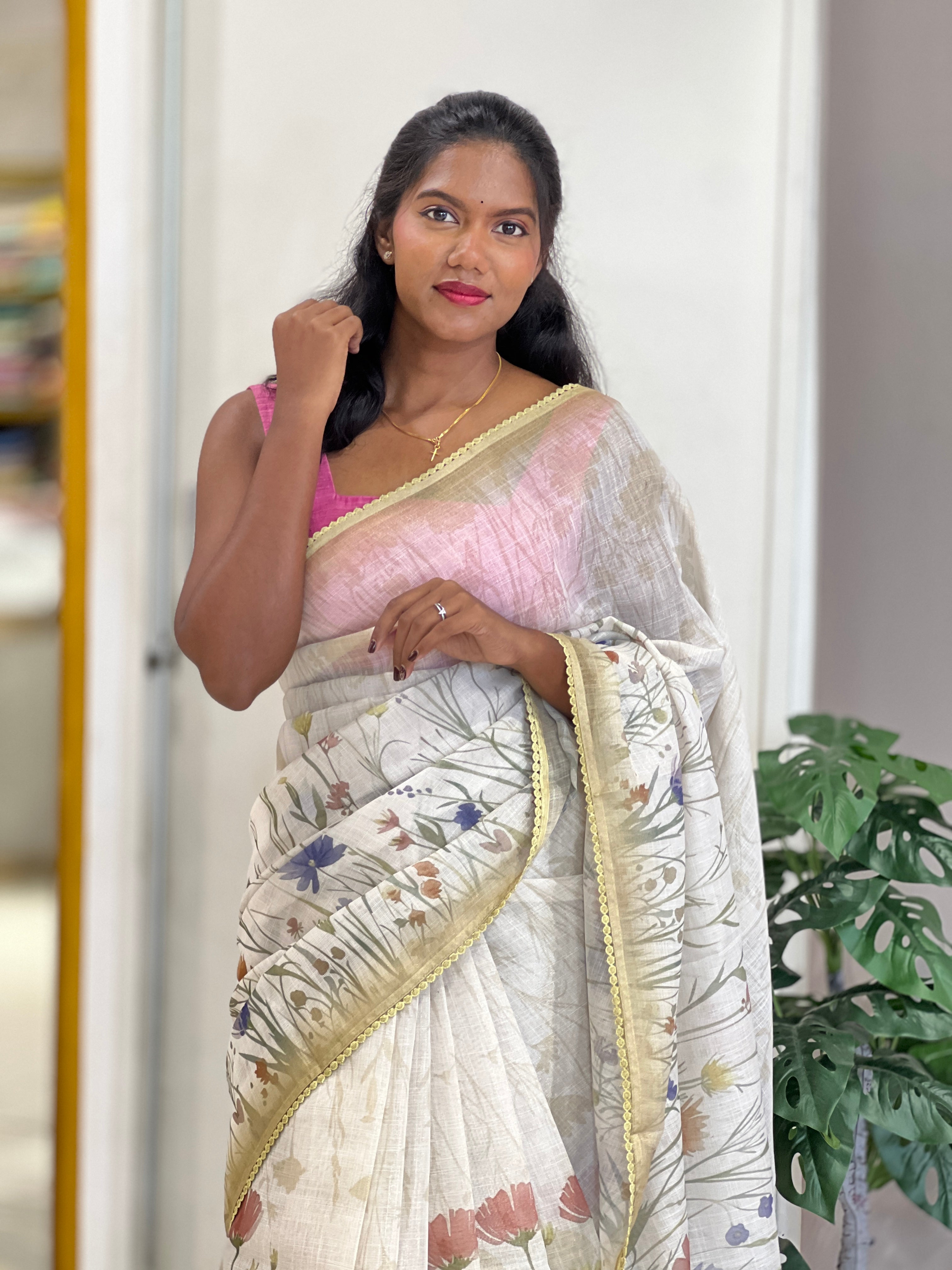Floral Print & Hand Embroidery Detailed Tissue Linen Saree | BLD1930