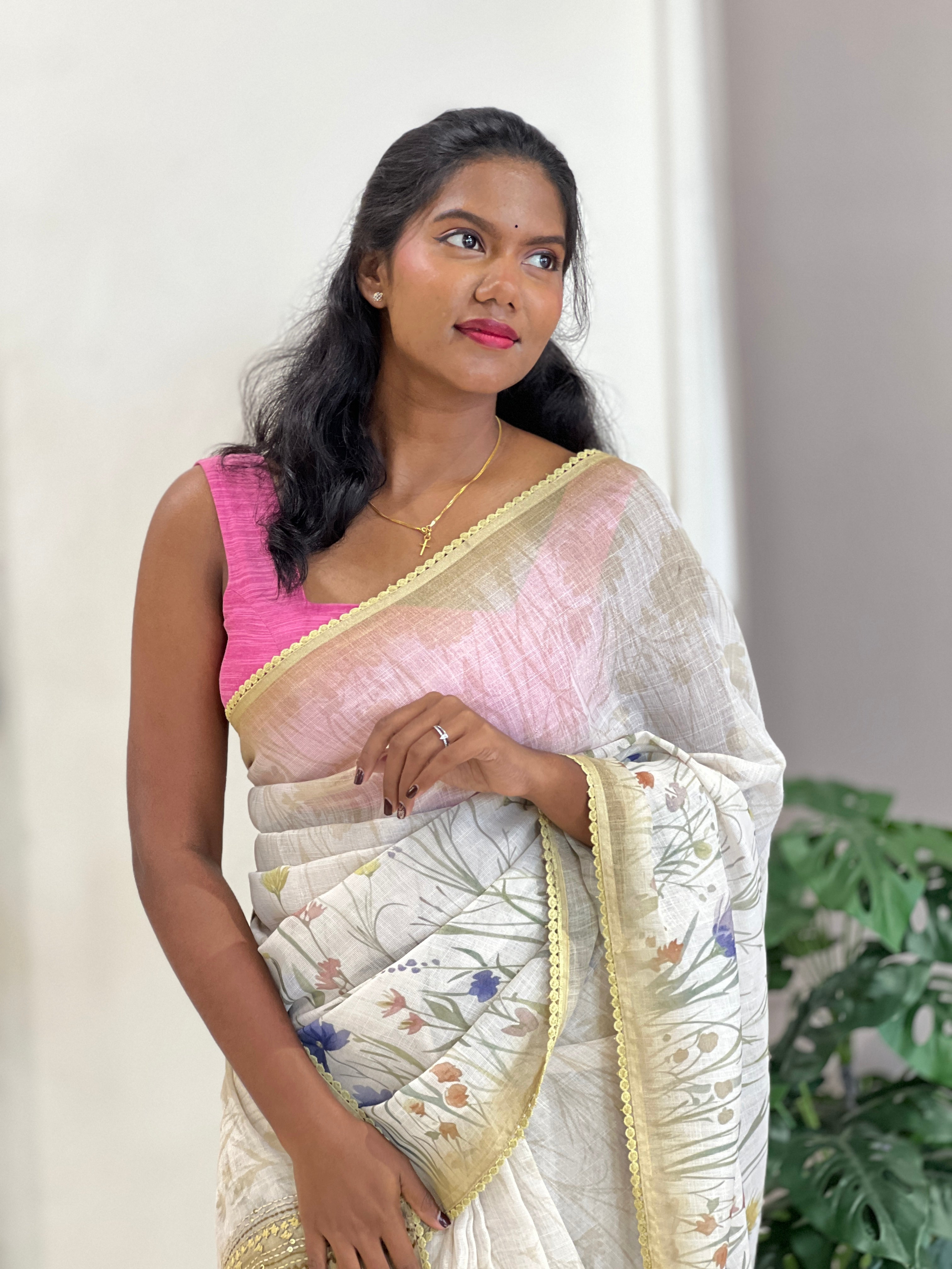 Floral Print & Hand Embroidery Detailed Tissue Linen Saree | BLD1930