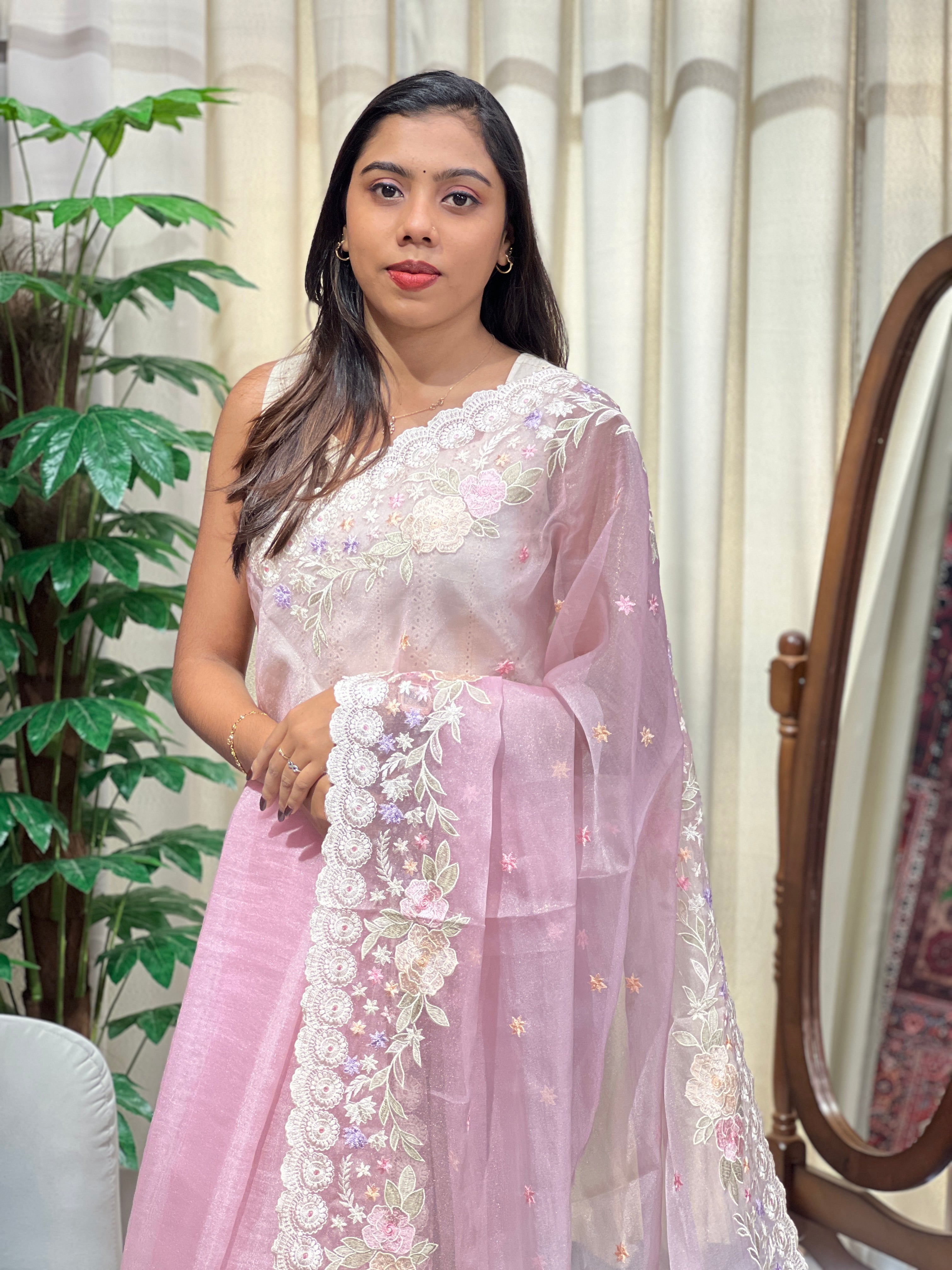 Floral Embroidery Detailed Crushed Shimmer Organza Saree | BLD2148